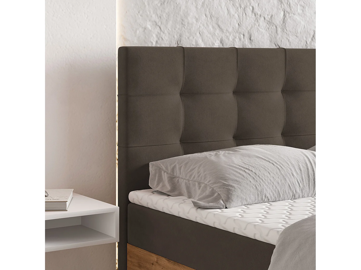 Lit continental MOLVEN, 180x200 cm, Tissu tressé, Marron