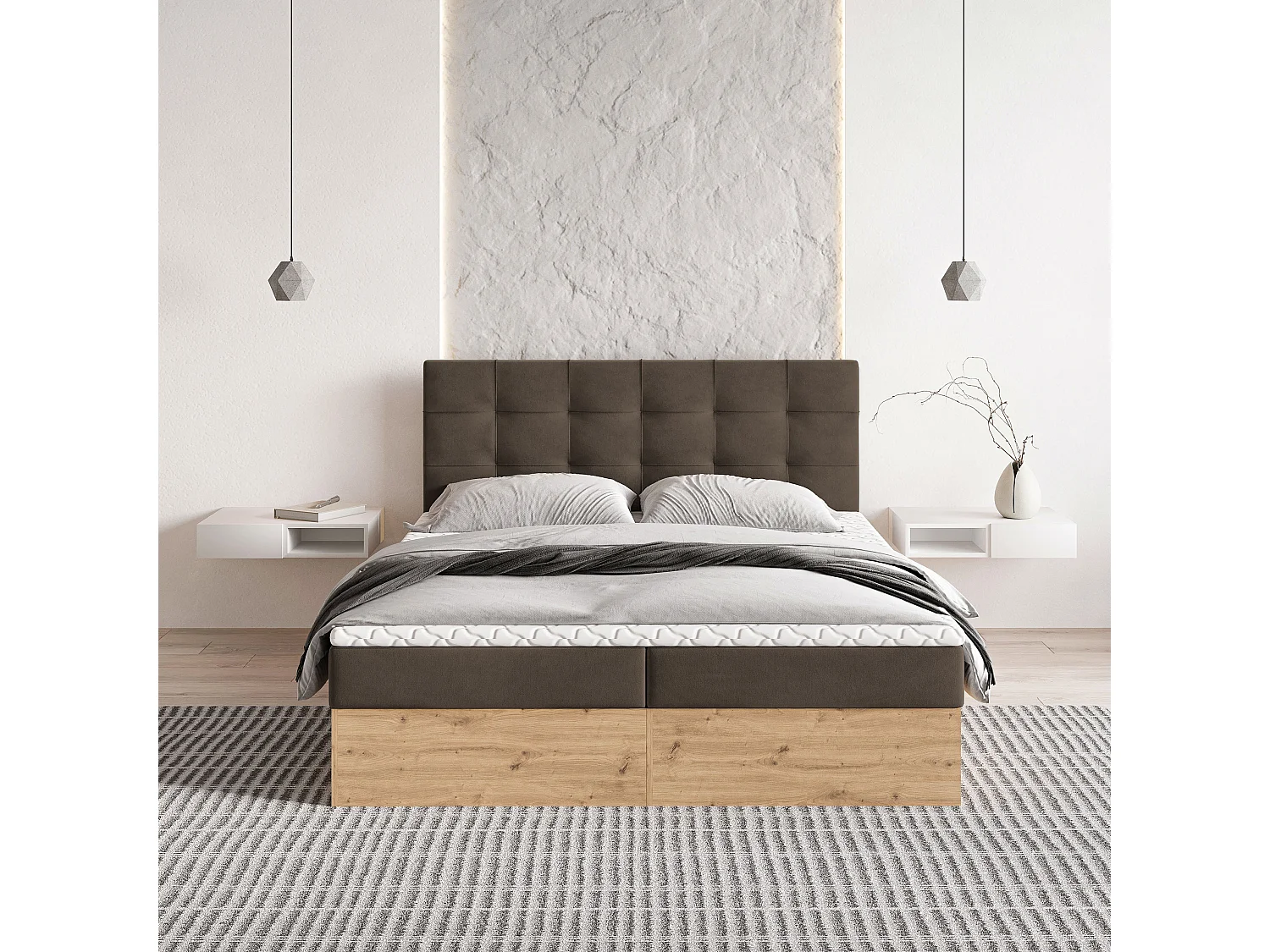Lit continental MOLVEN, 180x200 cm, Tissu tressé, Marron