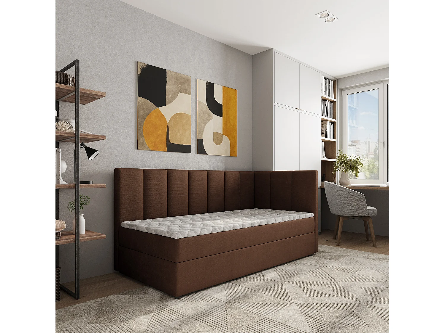 Boxspringbed BEVE 100x200 cm Set met hoofdbord, bedbodem en matras, Bruin