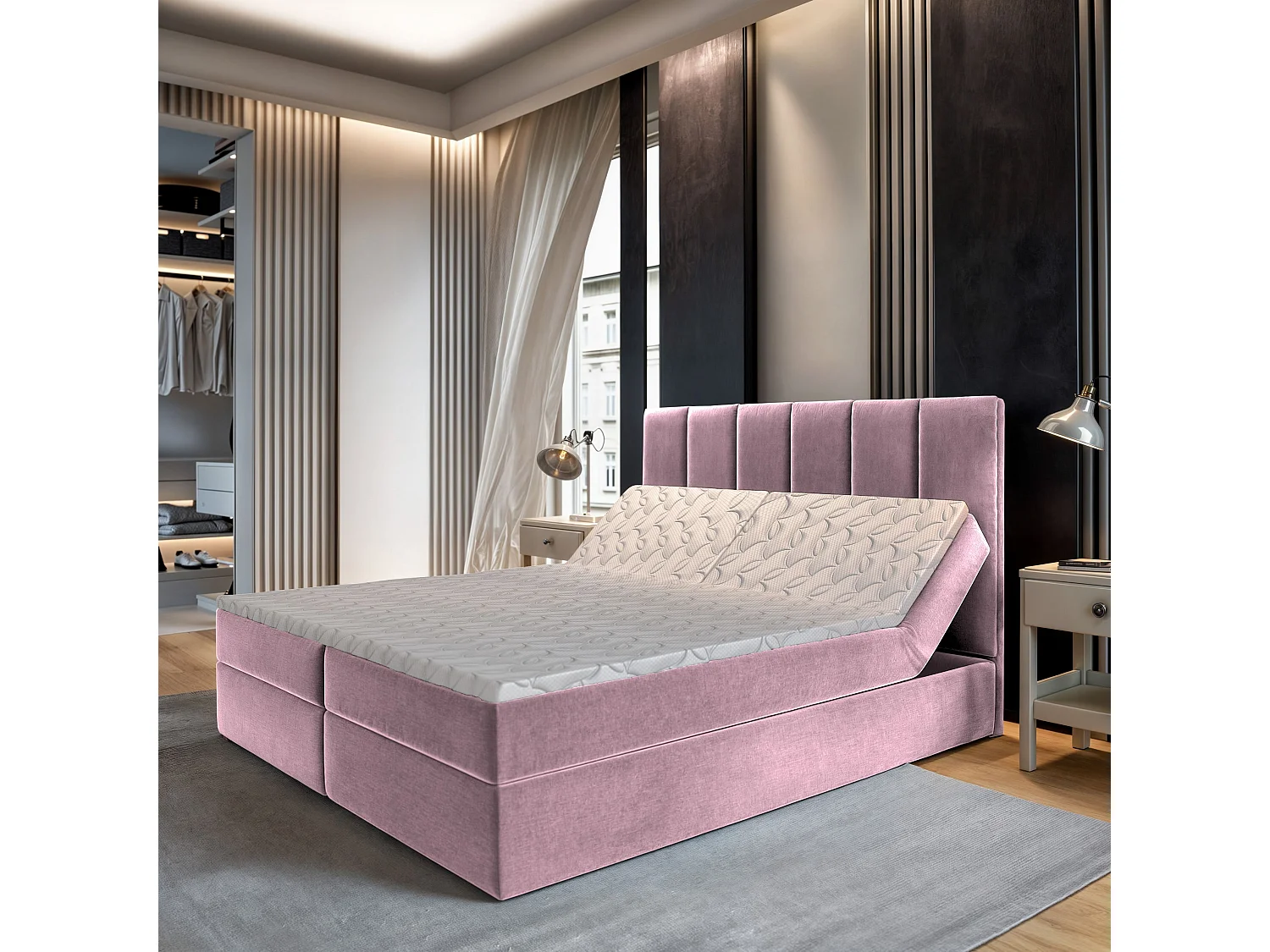Lit continental BARINO, 180x200 cm, Tissu pelucheux, Rose
