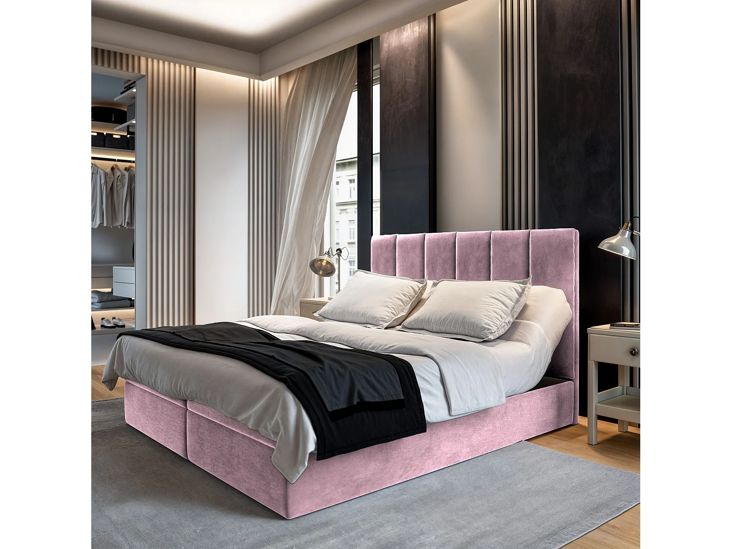 Lit continental BARINO, 180x200 cm, Tissu pelucheux, Rose