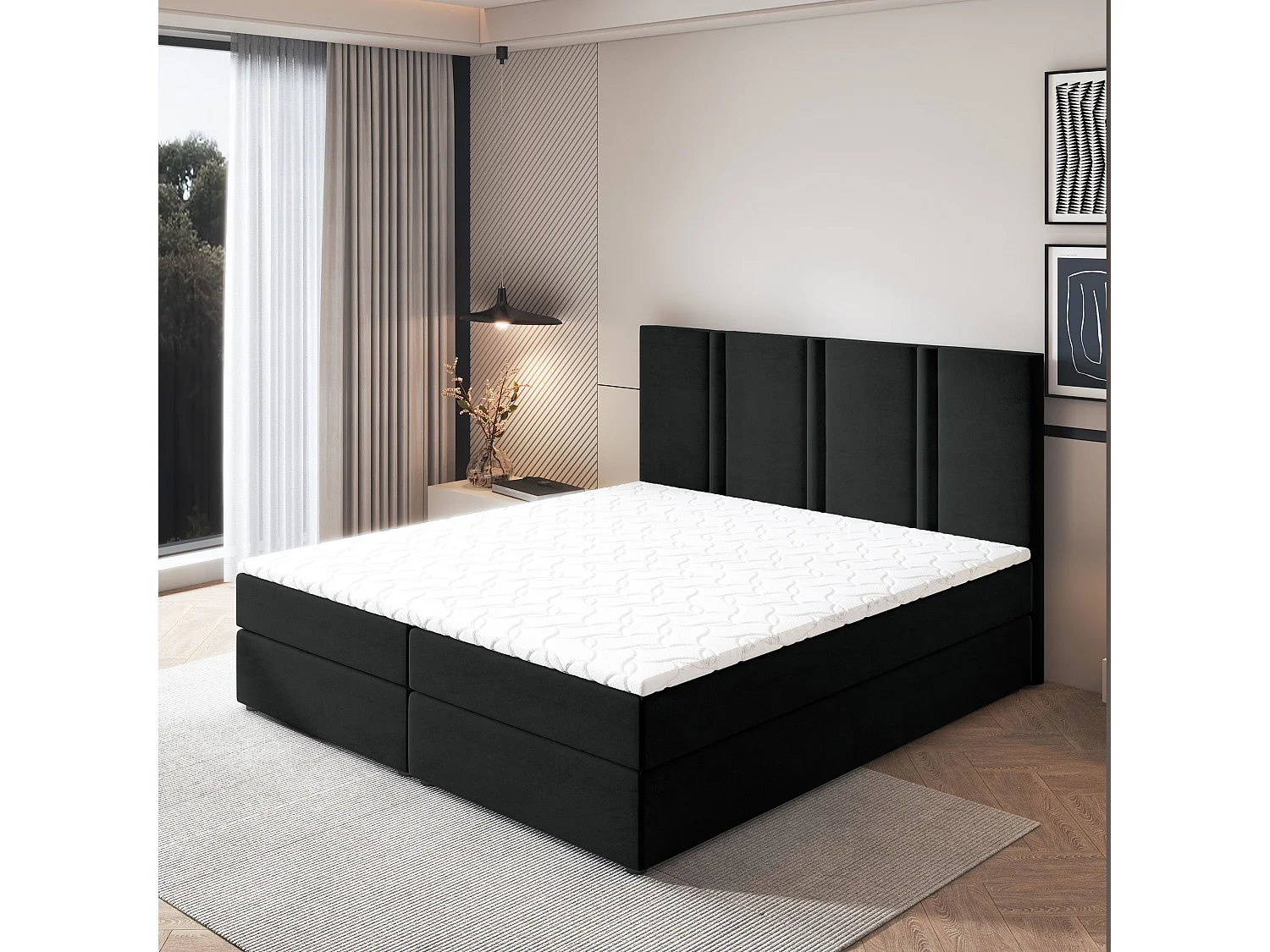 Lit continental LARIO, 140x200 cm, Tissu pelucheux, Noir