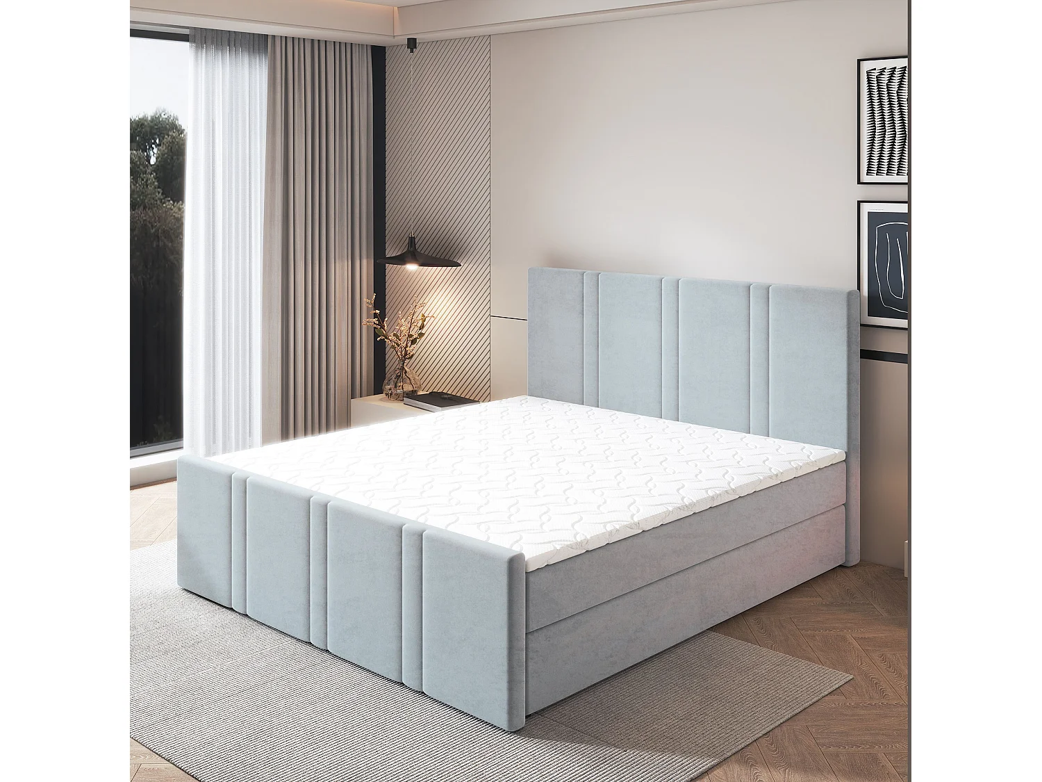 Lit continental COMOZA, 160x200 cm, Tissu pelucheux, Gris clair