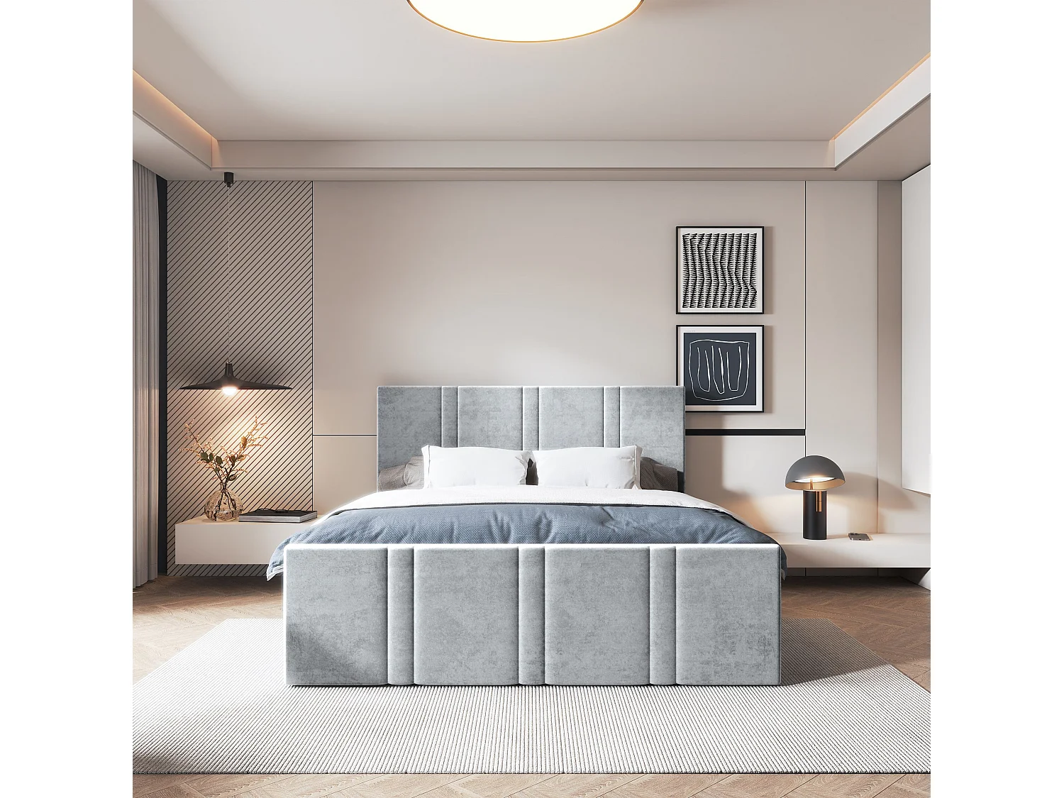 Lit continental COMOZA, 160x200 cm, Tissu pelucheux, Gris clair