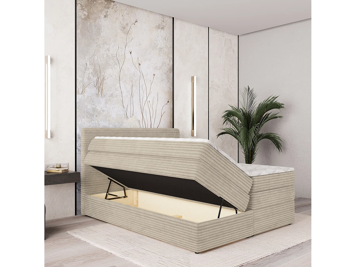 Boxspringbed LUNERA 180x200 cm Set met hoofdbord, bedbodem en matras, Crème