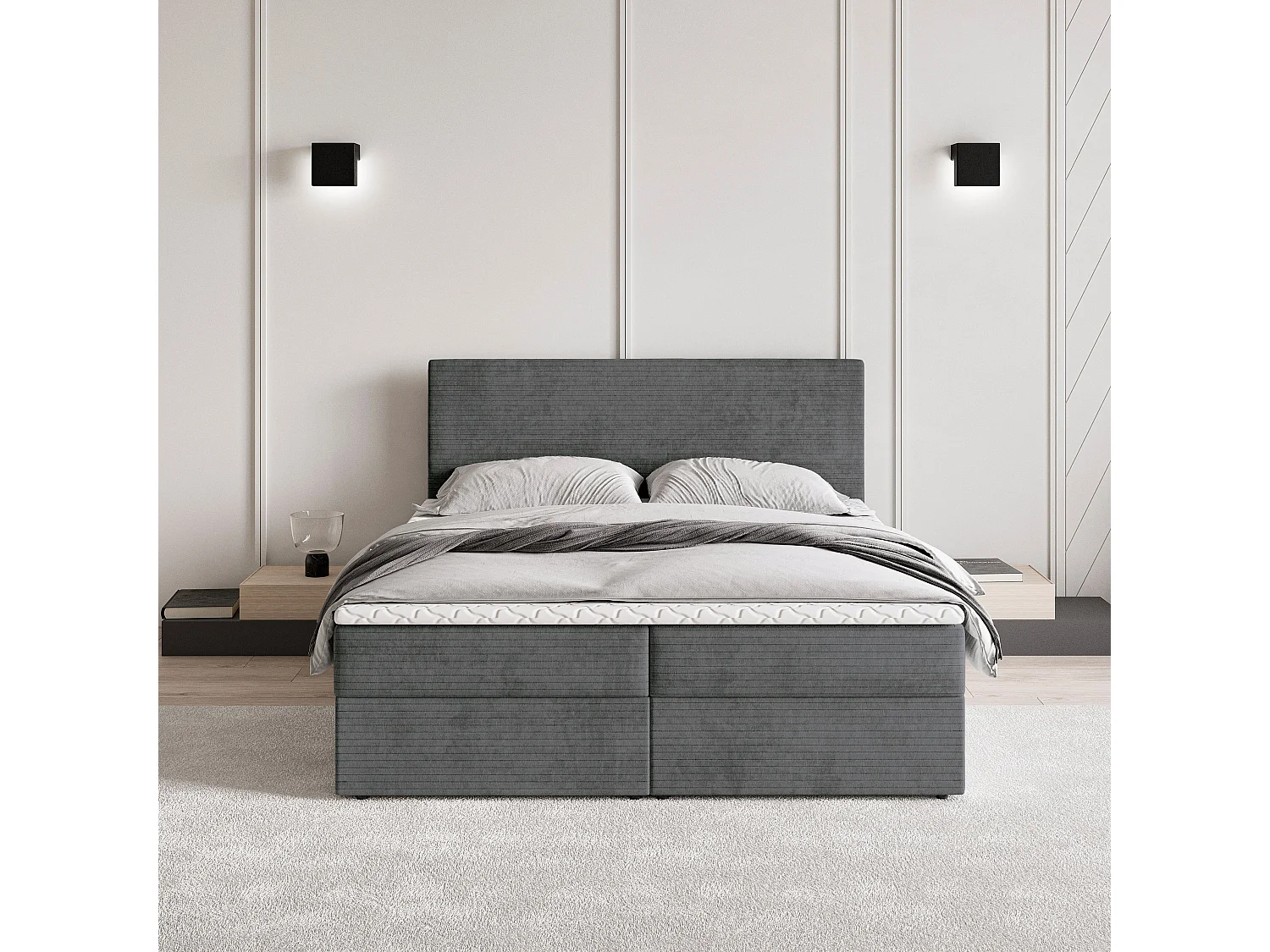 Lit continental NIRA, 140x200 cm, Tissu pelucheux, Gris