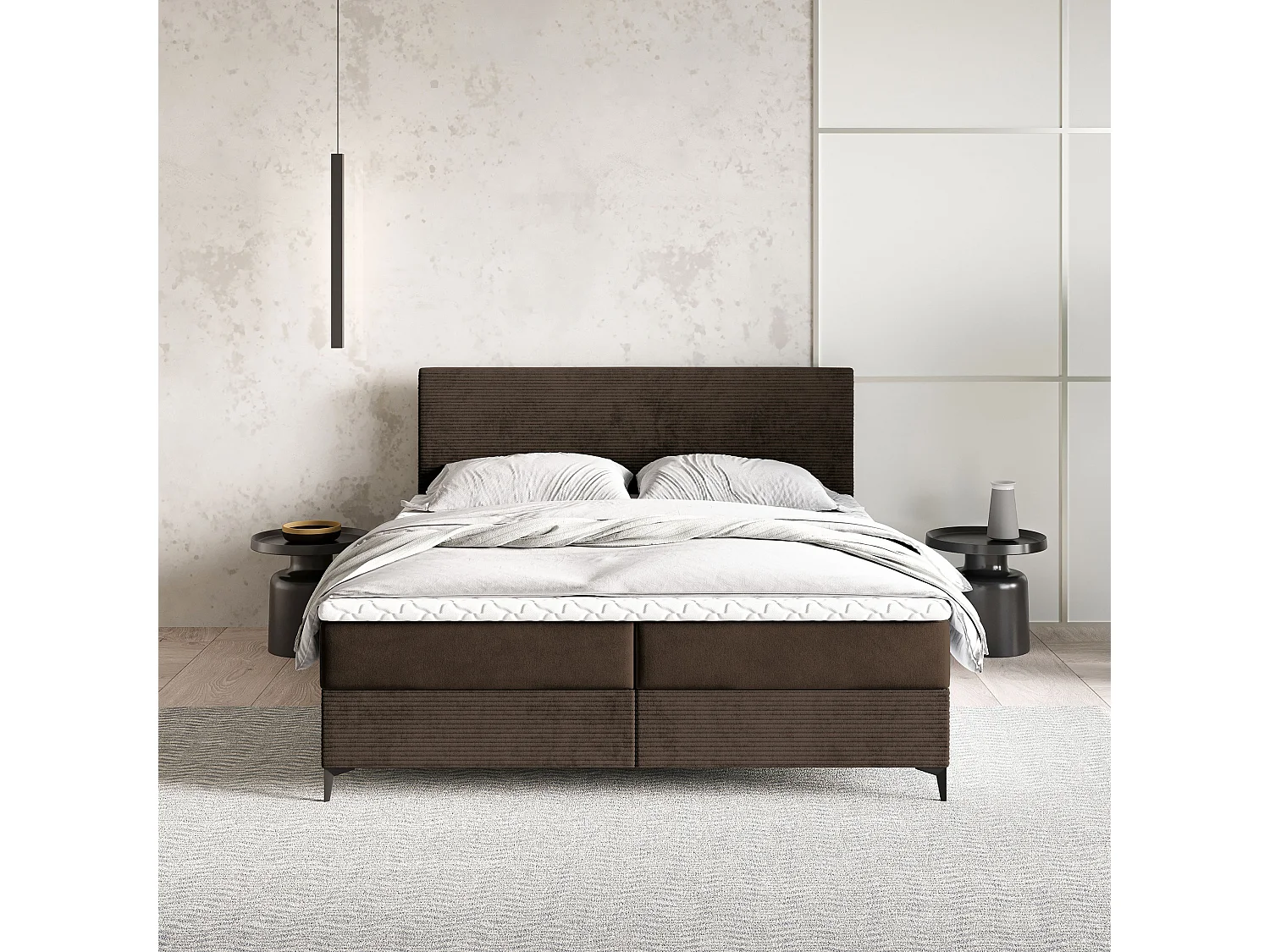 Lit continental TORREL, 160x200 cm, Tissu pelucheux, Marron
