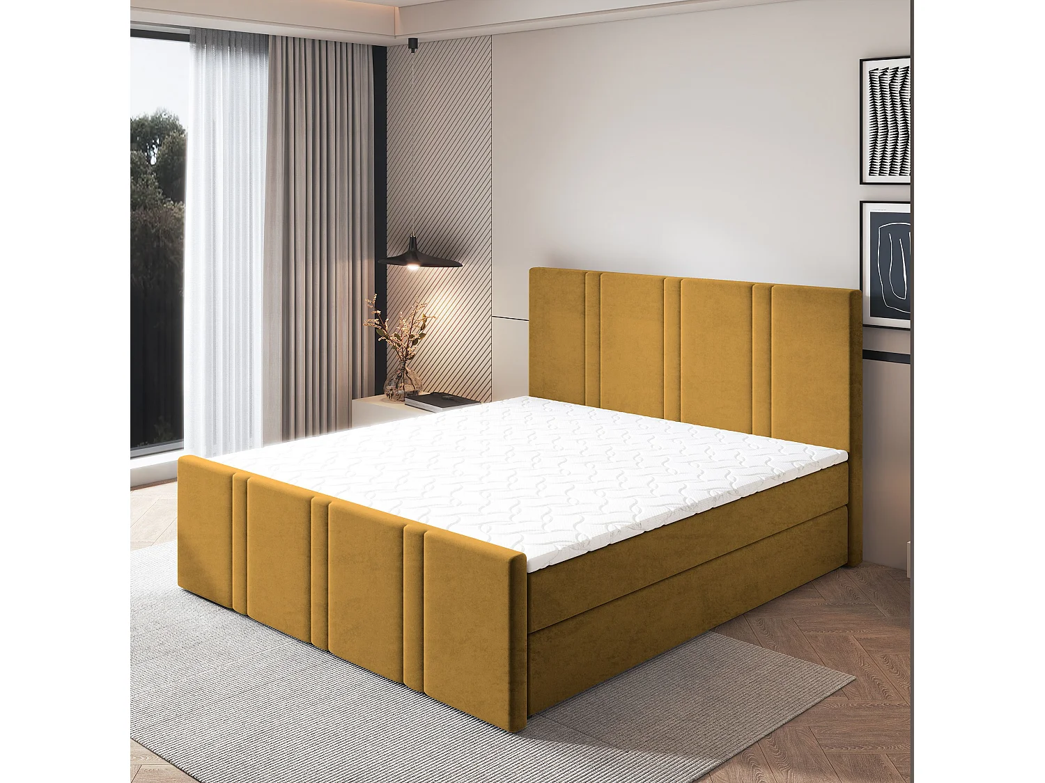 Lit continental COMOZA, 180x200 cm, Tissu pelucheux, Jaune