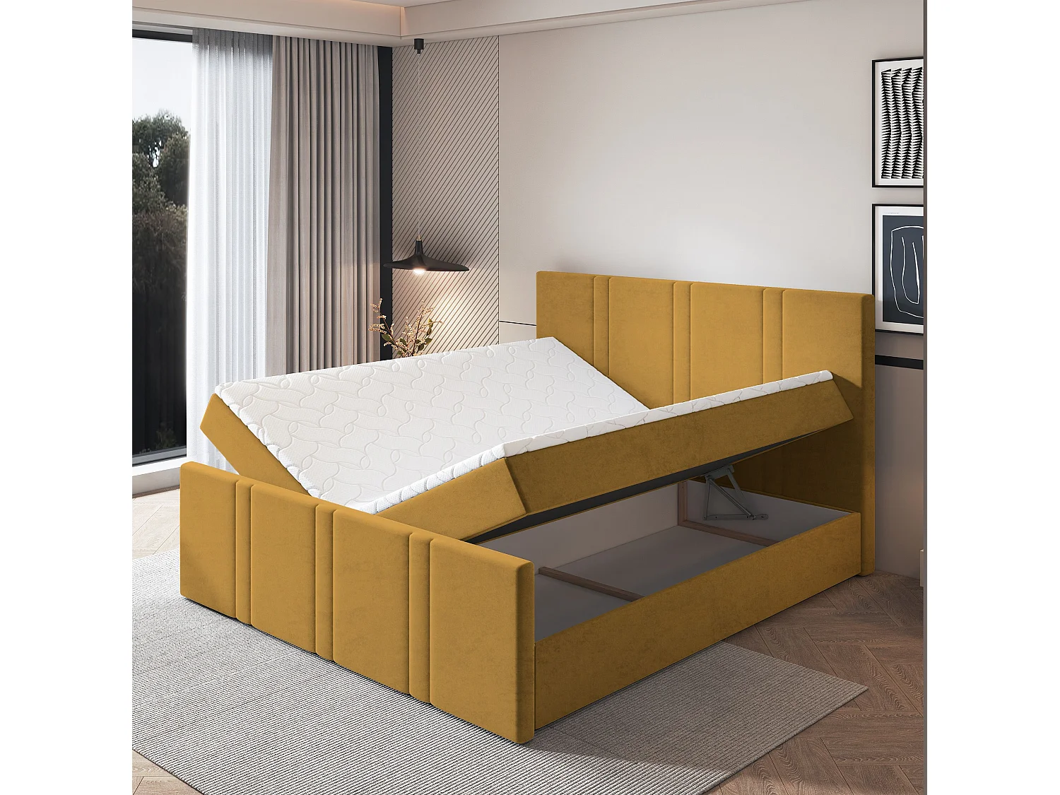 Lit continental COMOZA, 180x200 cm, Tissu pelucheux, Jaune