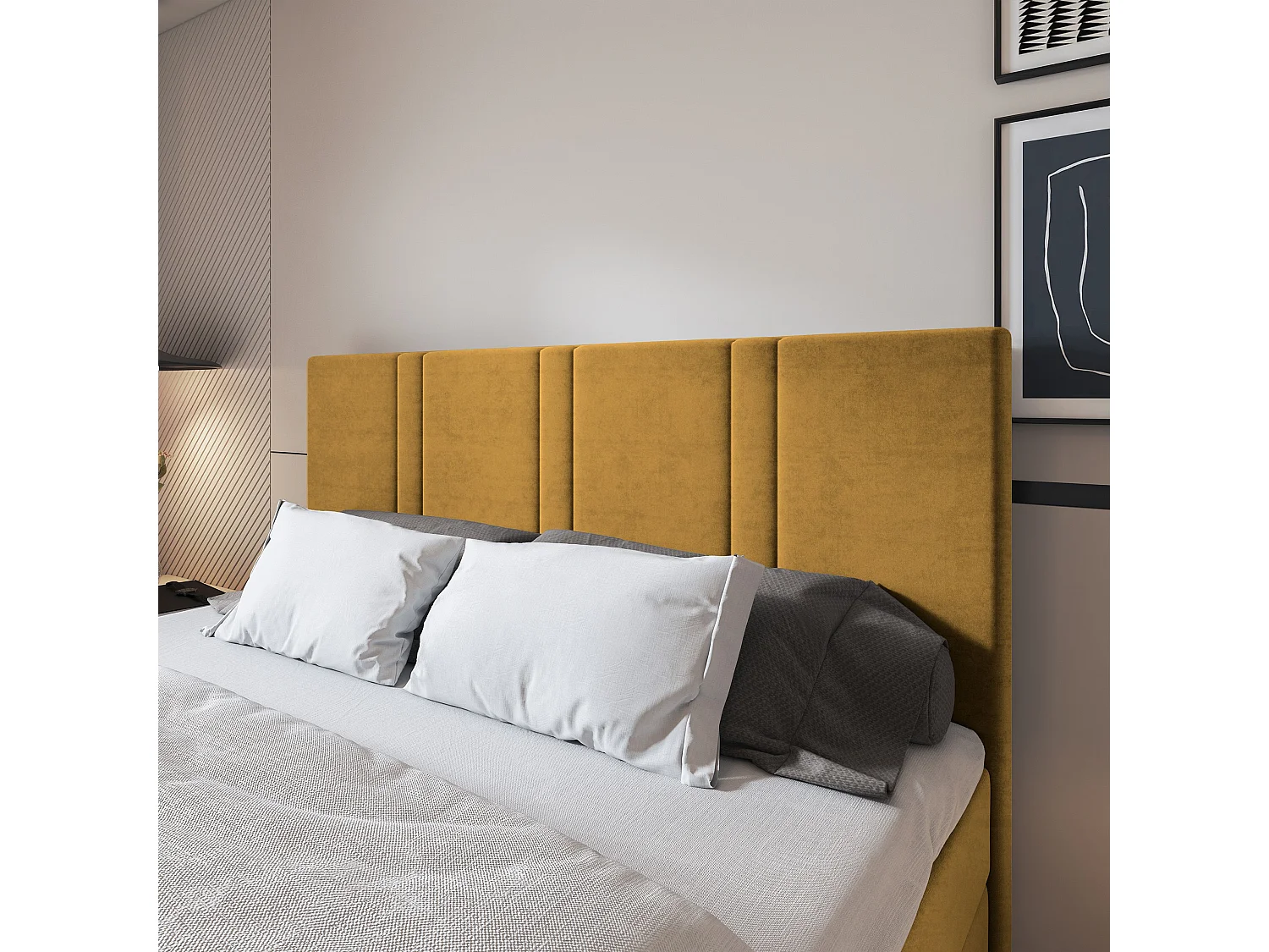 Lit continental COMOZA, 180x200 cm, Tissu pelucheux, Jaune