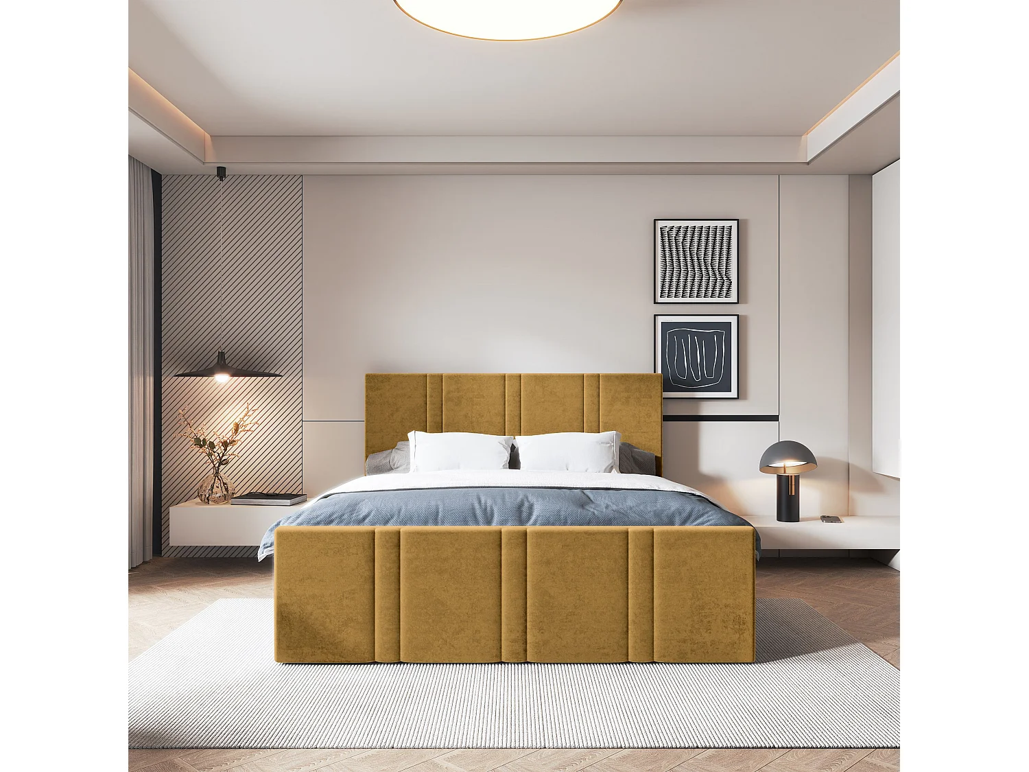 Lit continental COMOZA, 180x200 cm, Tissu pelucheux, Jaune