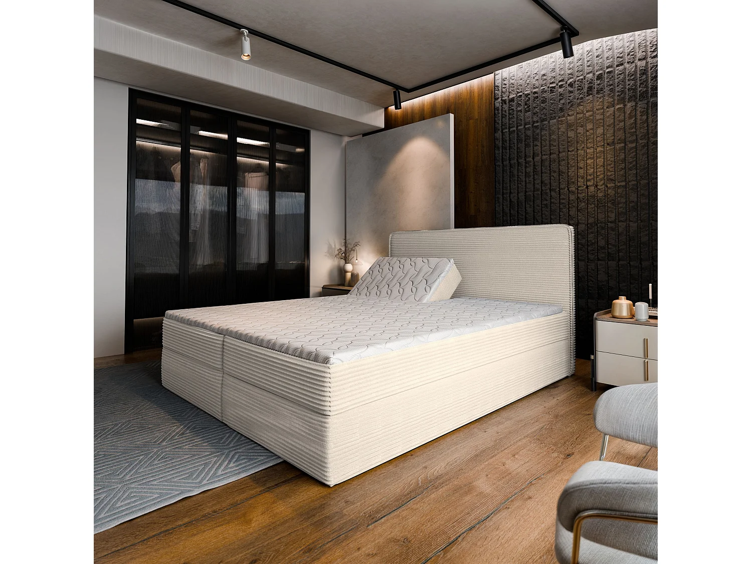 Lit continental ASTOR, 140x200 cm, Tissu en velours côtelé, Couleur crème