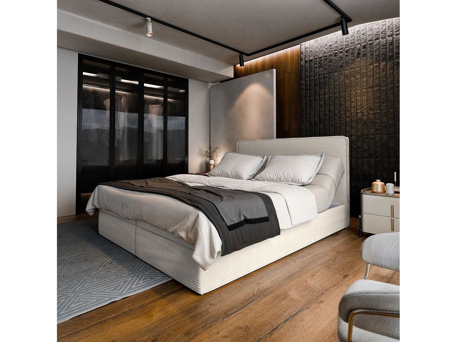 Lit continental ASTOR, 140x200 cm, Tissu en velours côtelé, Couleur crème