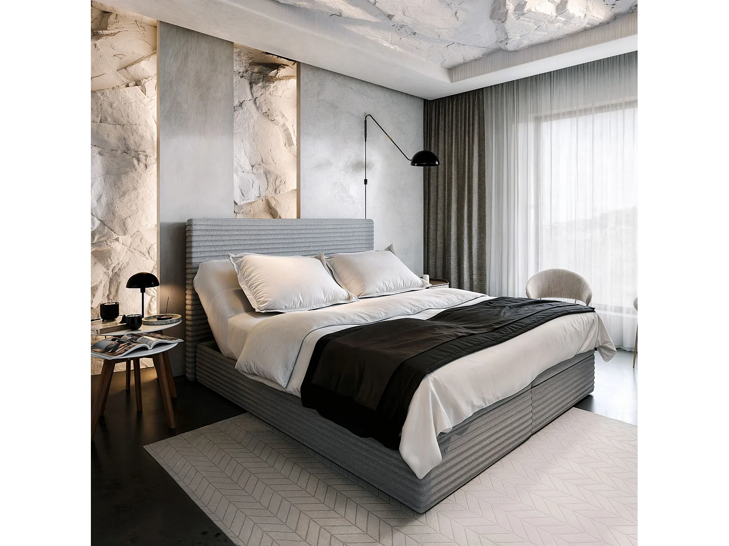 Lit continental MILARA, 180x200 cm, Tissu en velours côtelé, Gris clair