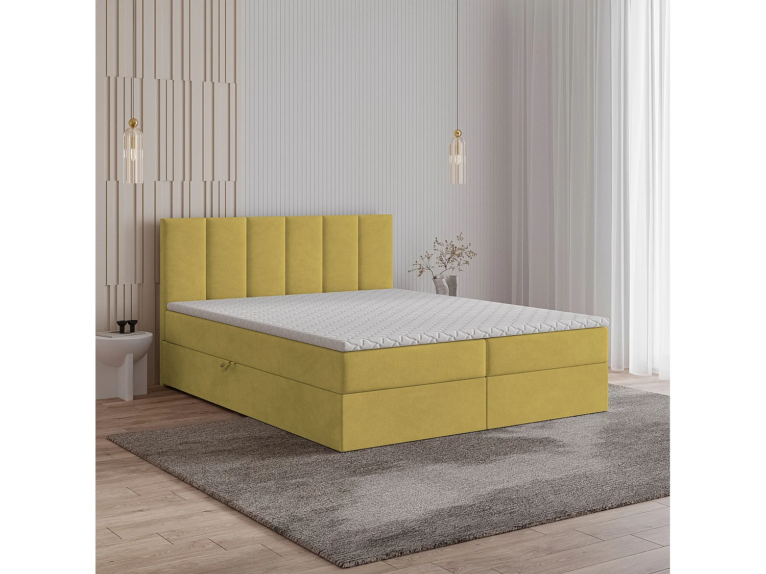 Lit continental MERIL, 140x200 cm, Tissu tressé, Jaune