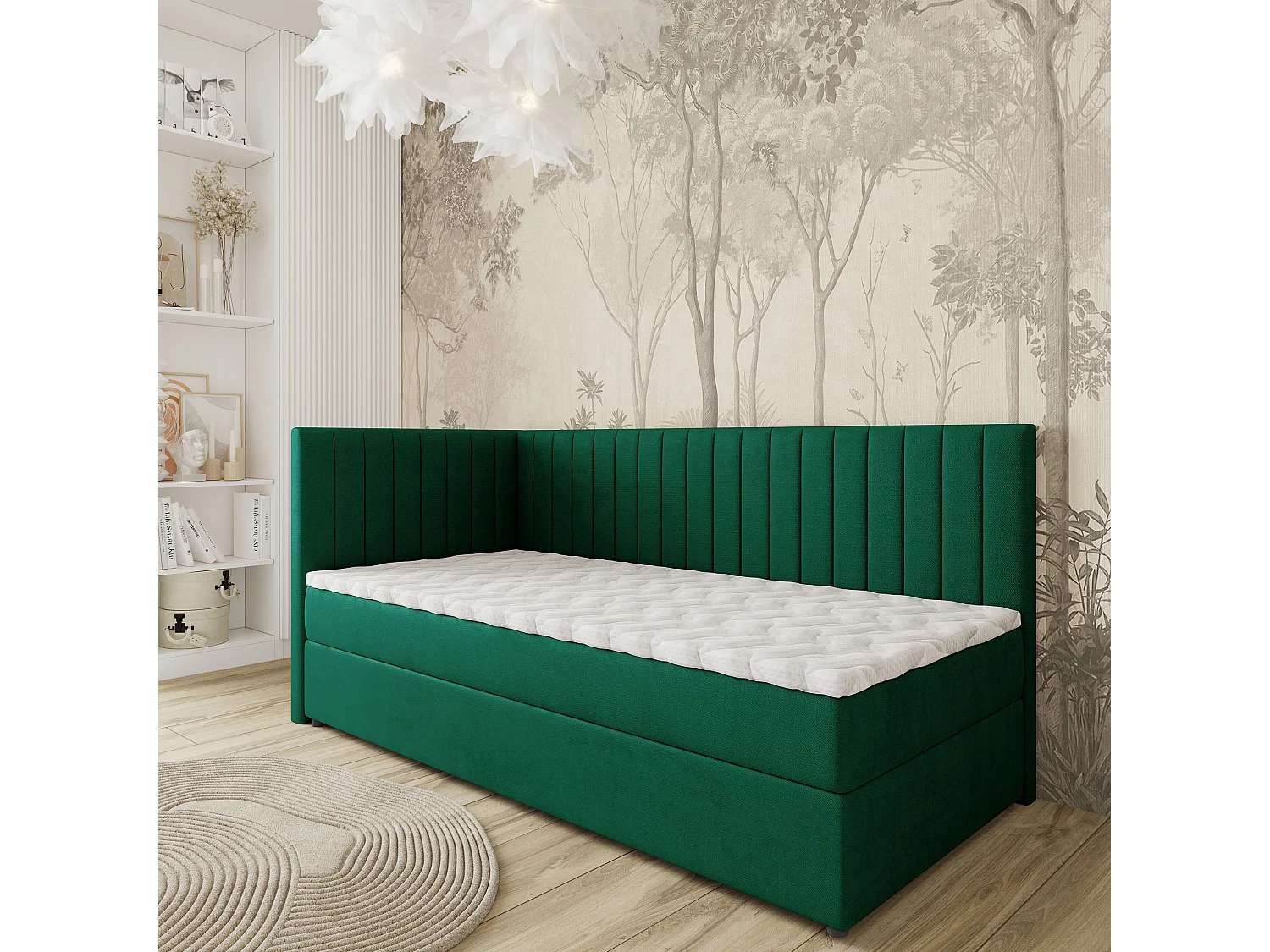 Boxspringbed ARIS 90x200 cm Set met hoofdbord, bedbodem en matras, Dennengroen