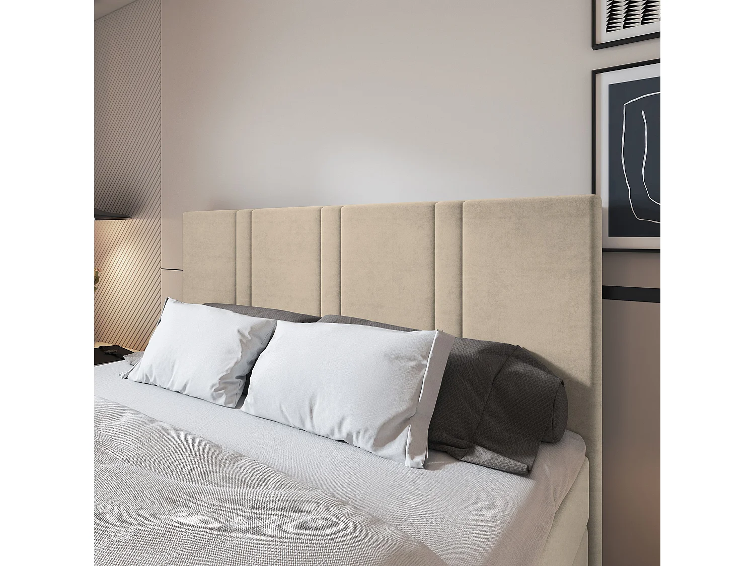 Lit continental COMOZA, 140x200 cm, Tissu pelucheux, Beige
