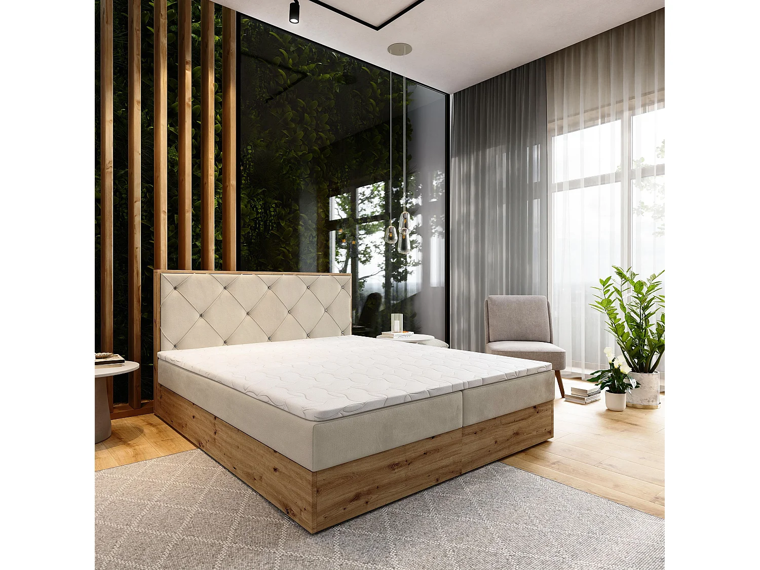 Boxspringbed FOSCO 160x200 cm Set met hoofdbord, bedbodem en matras, Beige