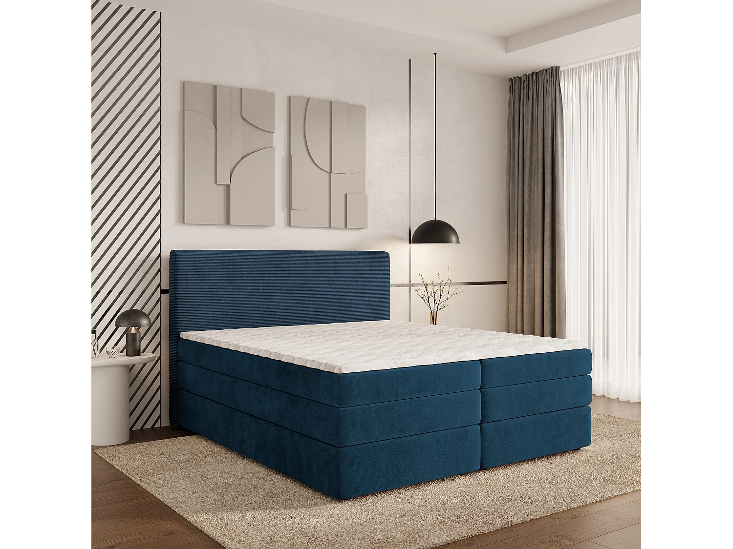 Lit continental MATERN, 160x200 cm, Tissu pelucheux, Bleu