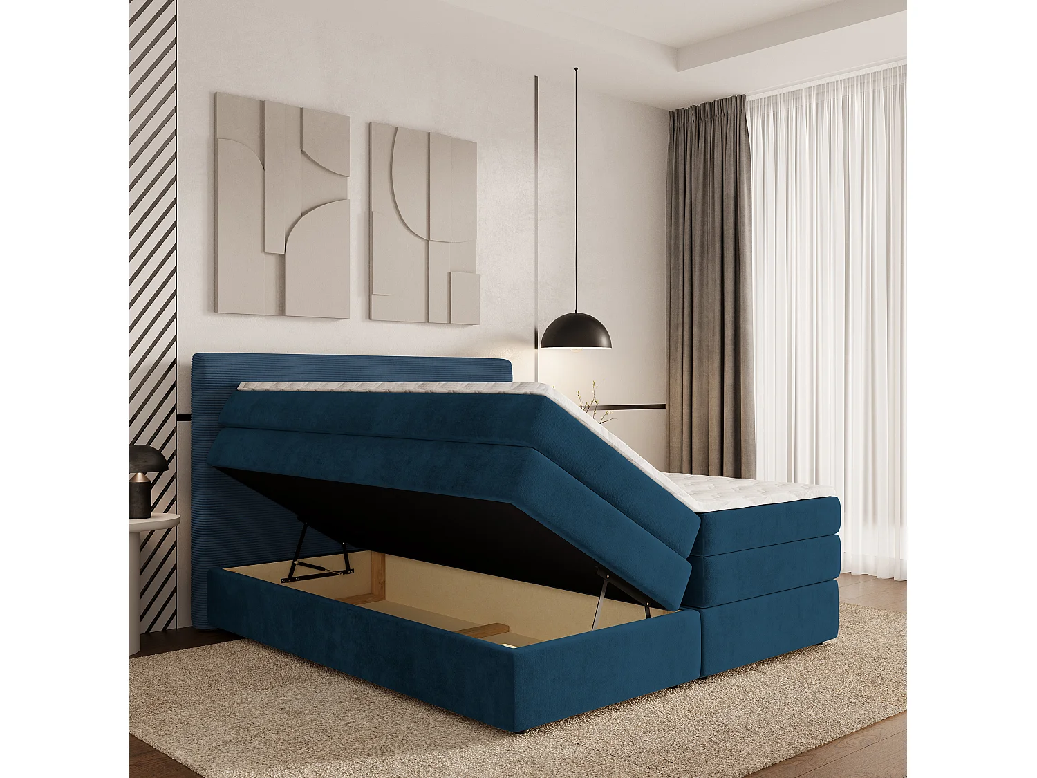 Lit continental MATERN, 160x200 cm, Tissu pelucheux, Bleu