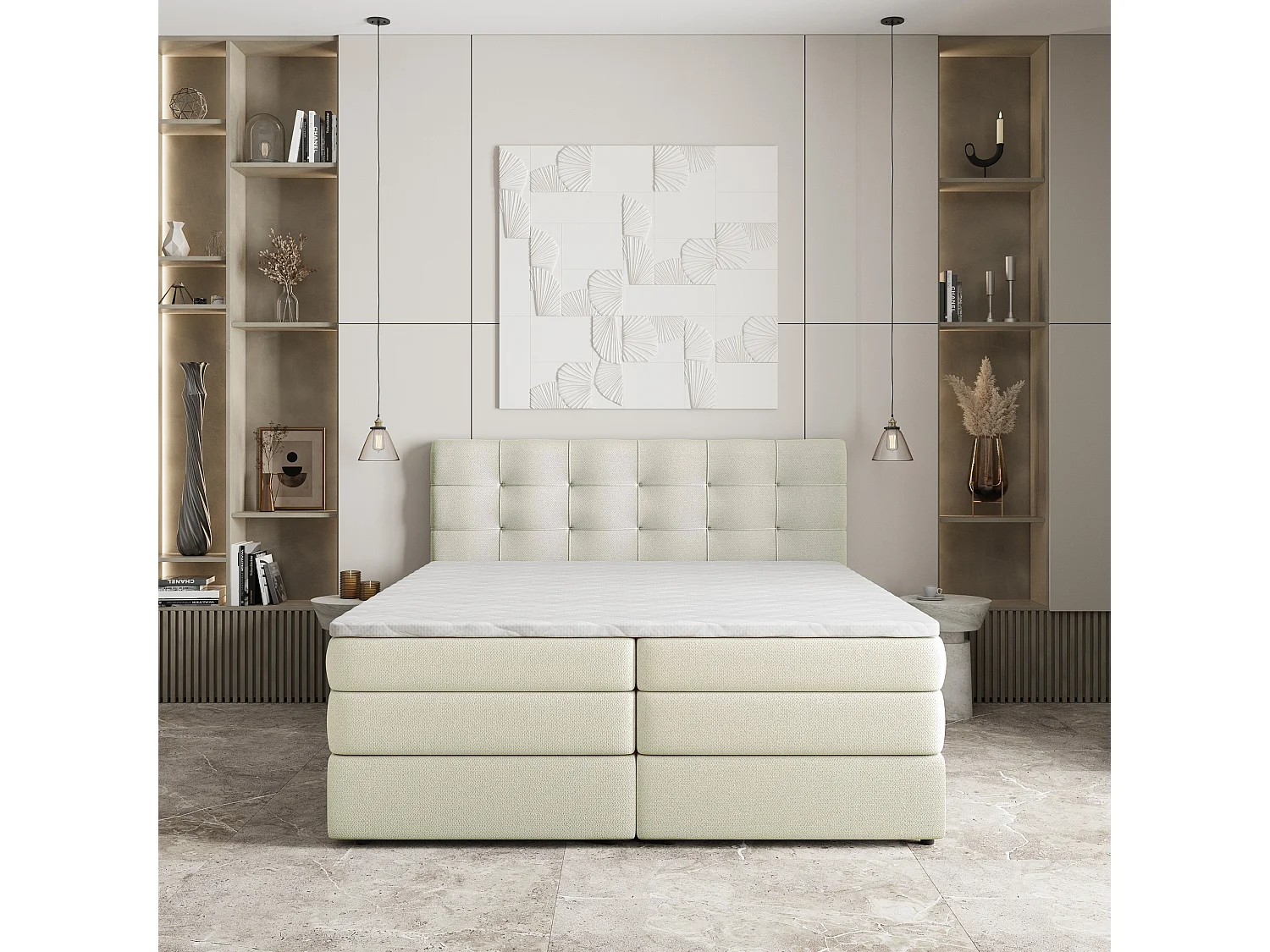 Lit continental AREZI, 160x200 cm, Tissu tressé, Couleur crème