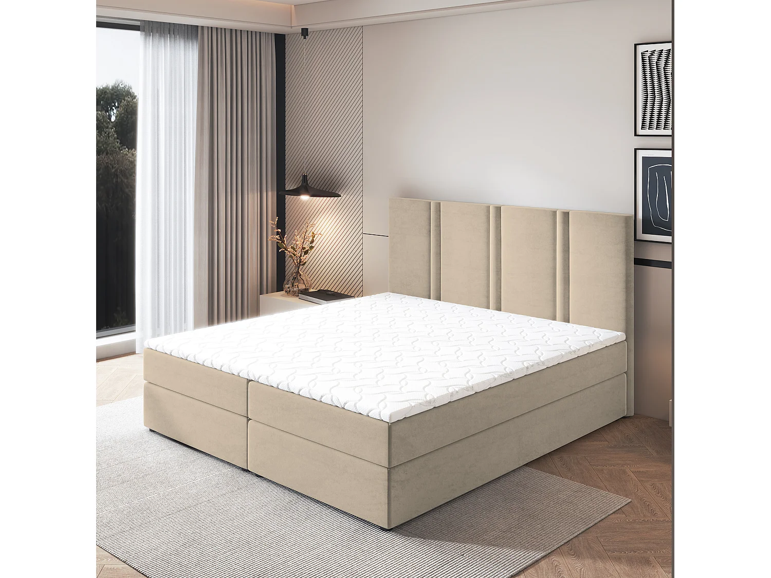 Lit continental LARIO, 140x200 cm, Tissu pelucheux, Beige