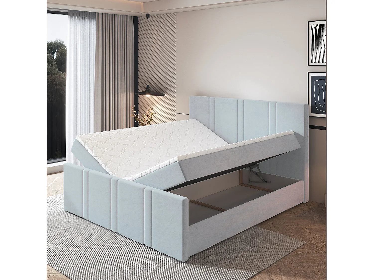 Lit continental COMOZA, 140x200 cm, Tissu pelucheux, Gris clair
