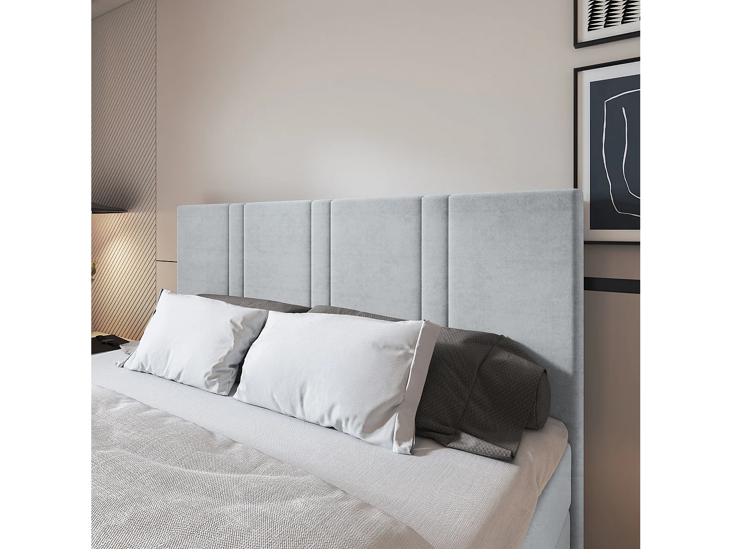 Lit continental COMOZA, 140x200 cm, Tissu pelucheux, Gris clair