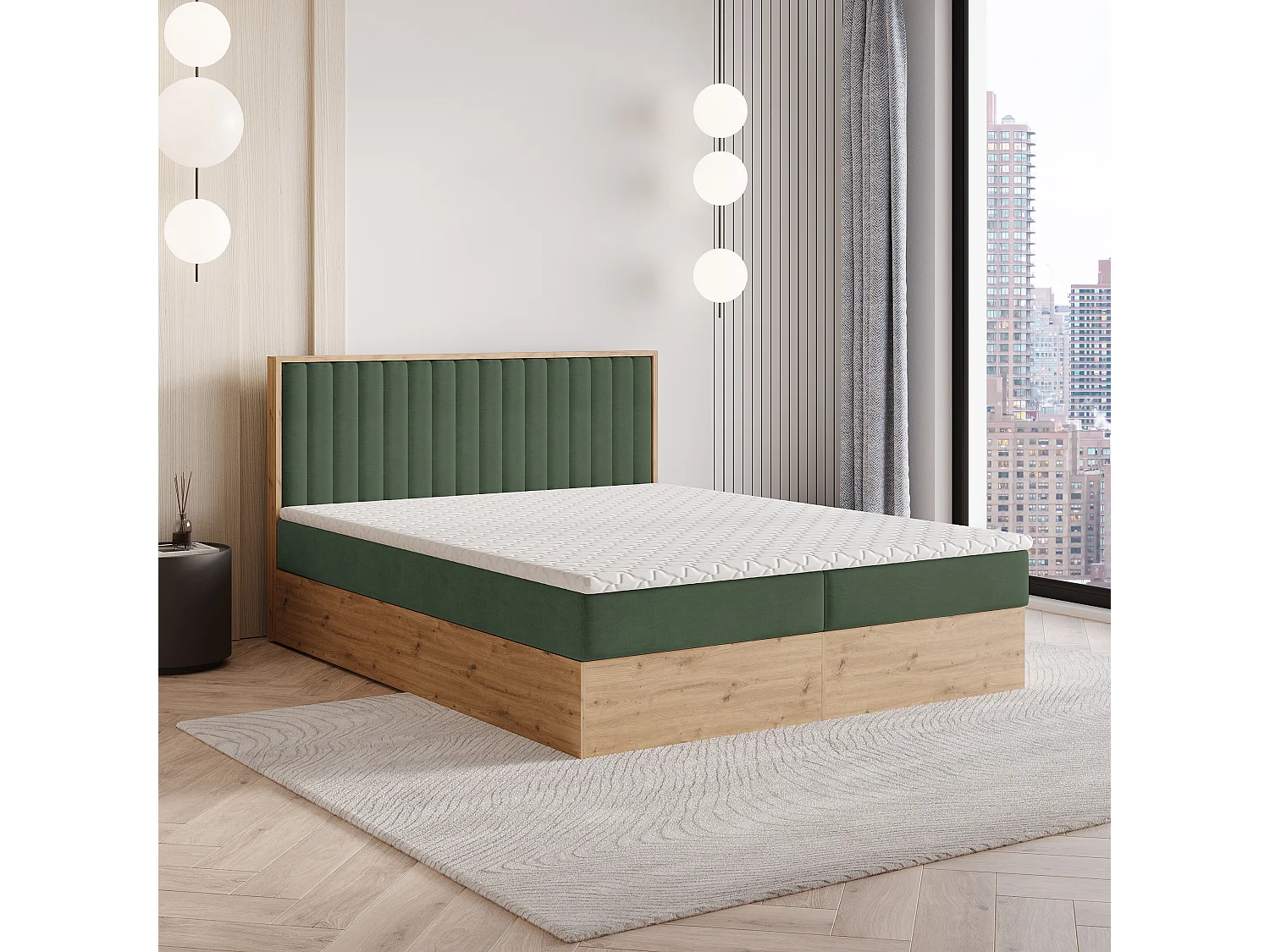Lit continental VARELI, 140x200 cm, Tissu tressé, Vert