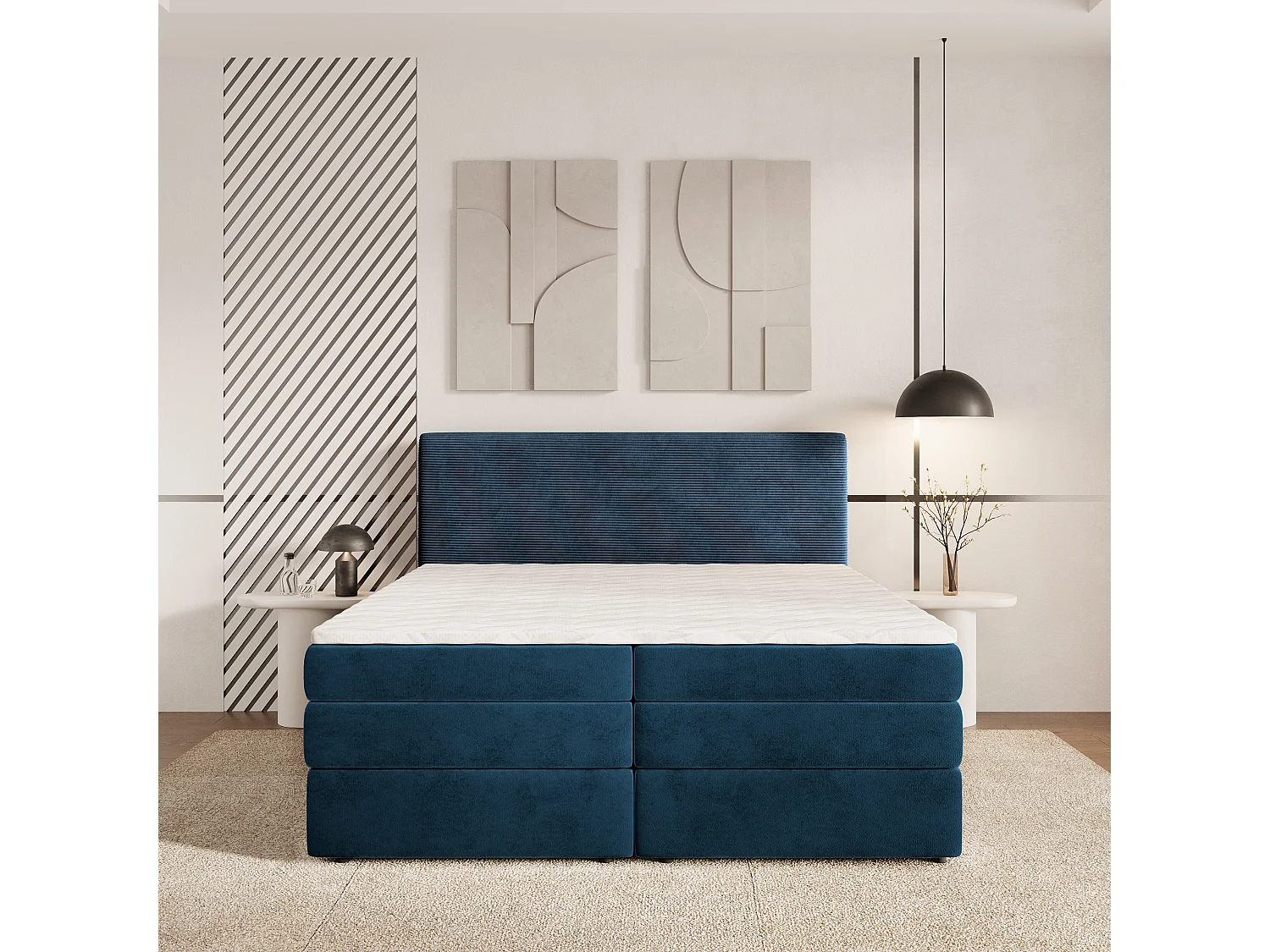 Lit continental MATERN, 140x200 cm, Tissu pelucheux, Bleu