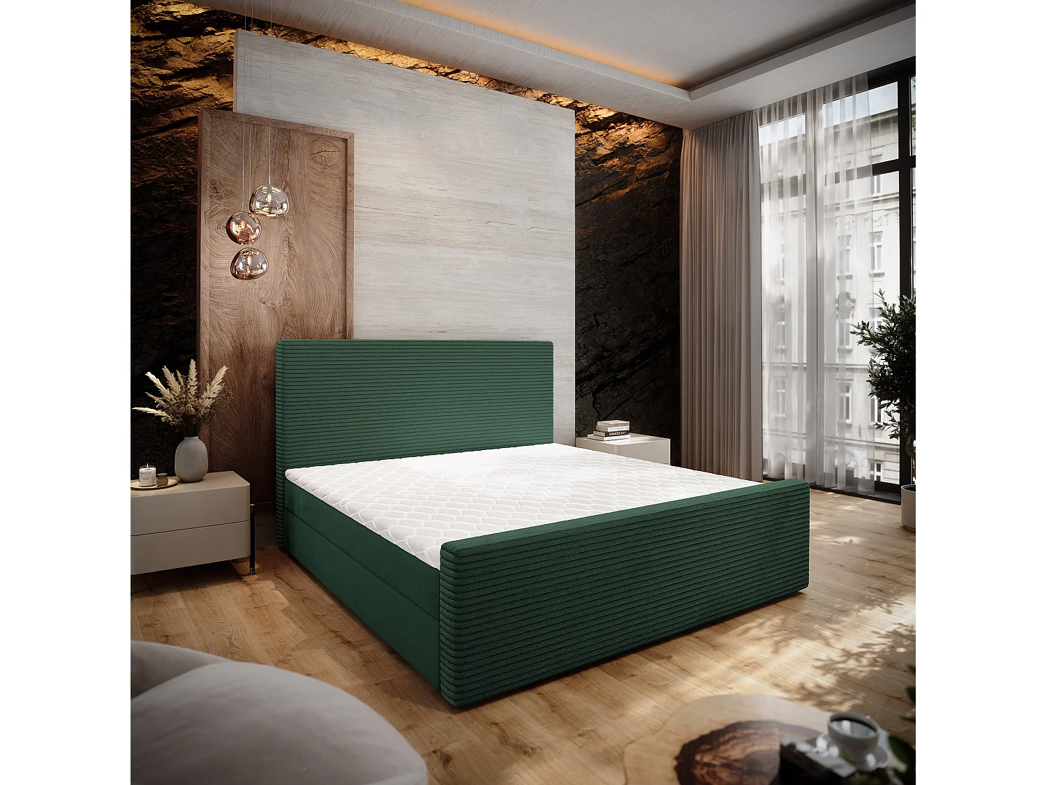 Lit continental ALORIA, 140x200 cm, Tissu pelucheux, Vert