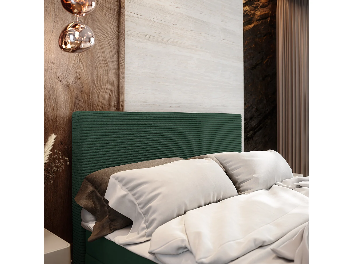 Lit continental ALORIA, 140x200 cm, Tissu pelucheux, Vert