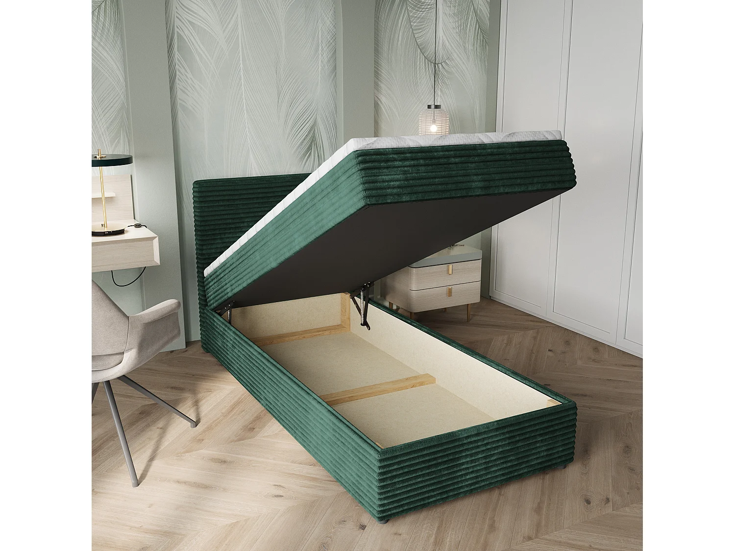 Boxspringbed PISA 90x200 cm Set met hoofdbord, bedbodem en matras, Dennengroen