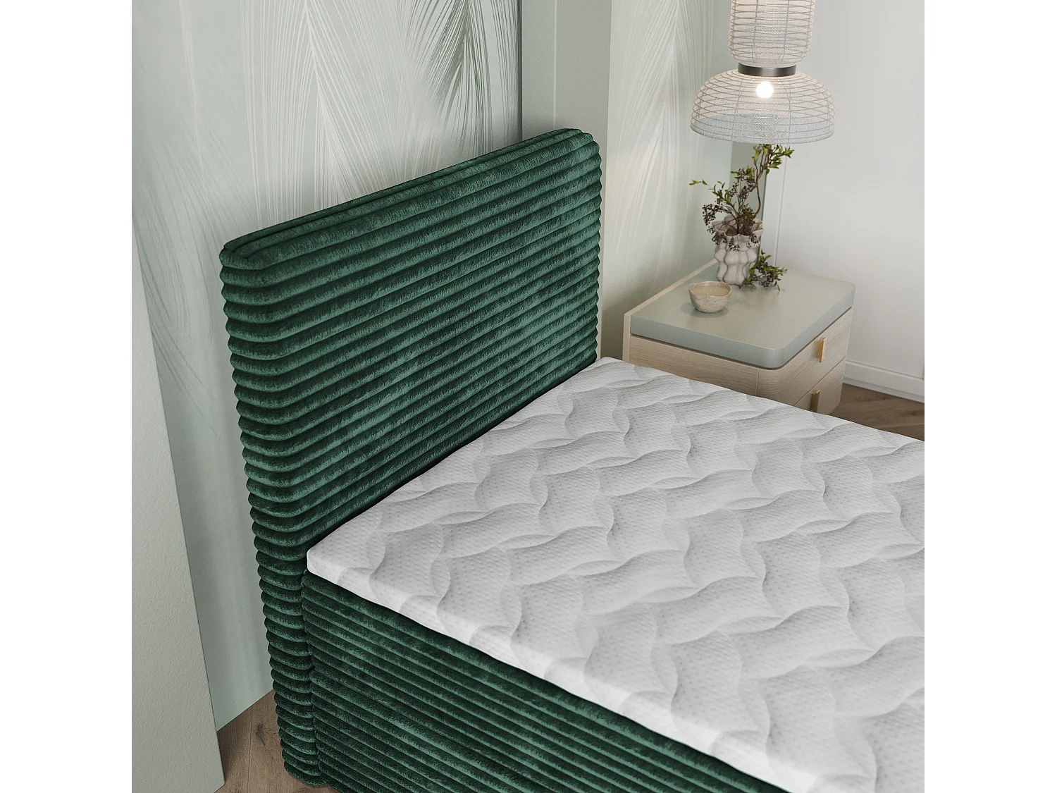 Boxspringbed PISA 90x200 cm Set met hoofdbord, bedbodem en matras, Dennengroen