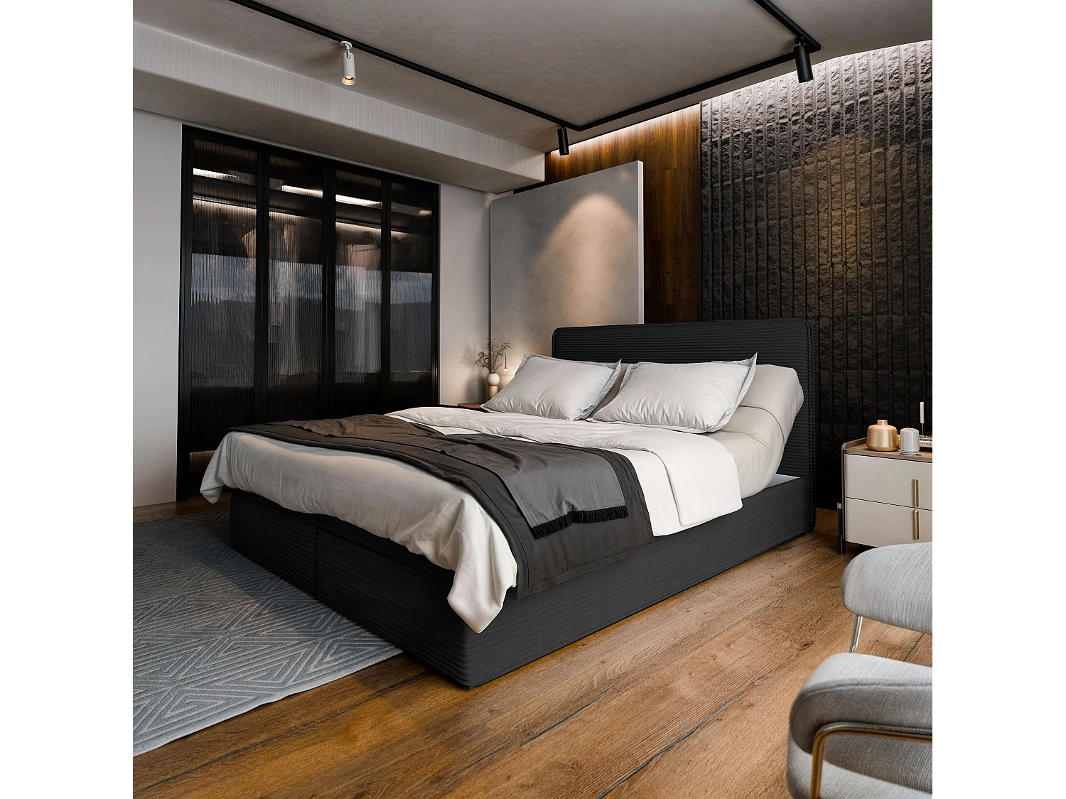 Lit continental ASTOR, 180x200 cm, Tissu en velours côtelé, Noir