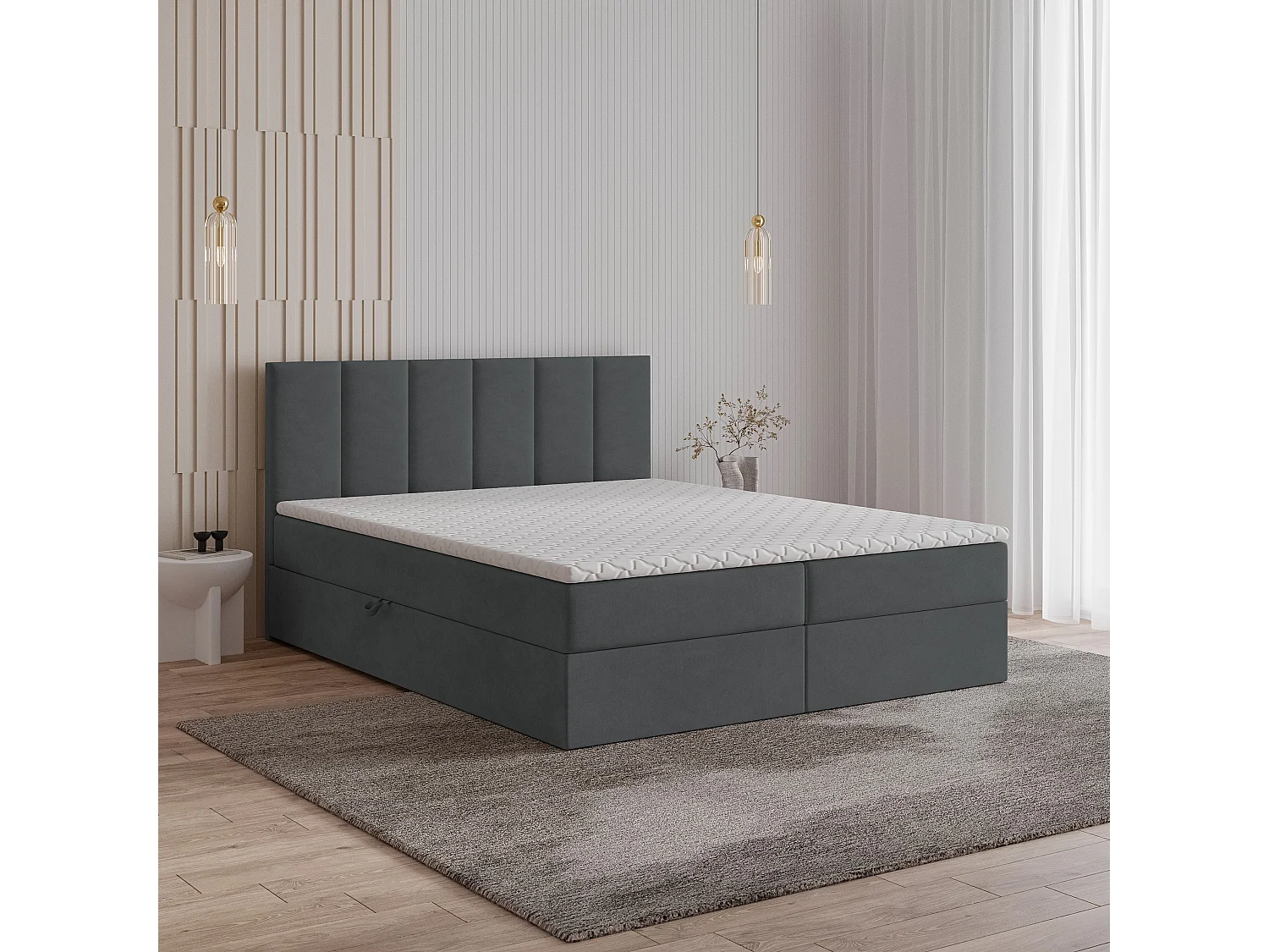 Lit continental MERIL, 140x200 cm, Tissu tressé, Gris