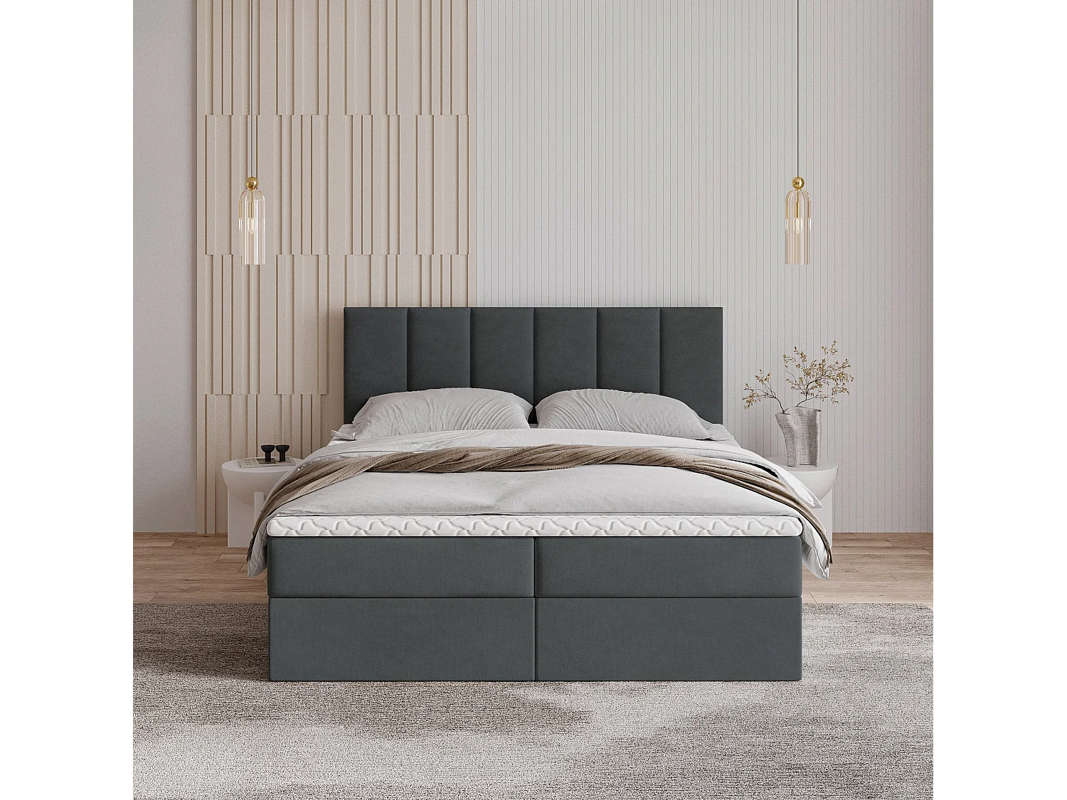 Lit continental MERIL, 140x200 cm, Tissu tressé, Gris