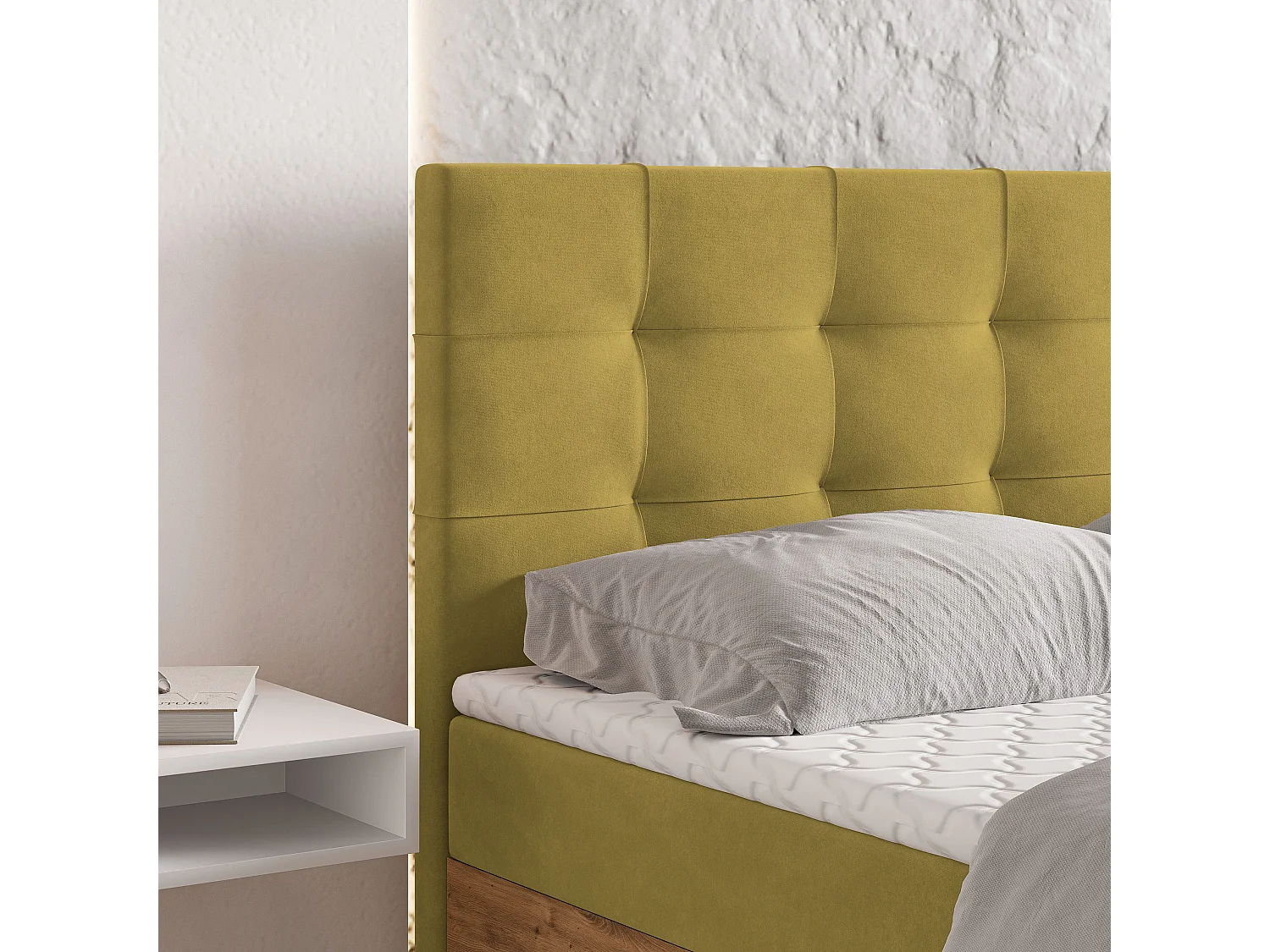 Lit continental MOLVEN, 160x200 cm, Tissu tressé, Jaune