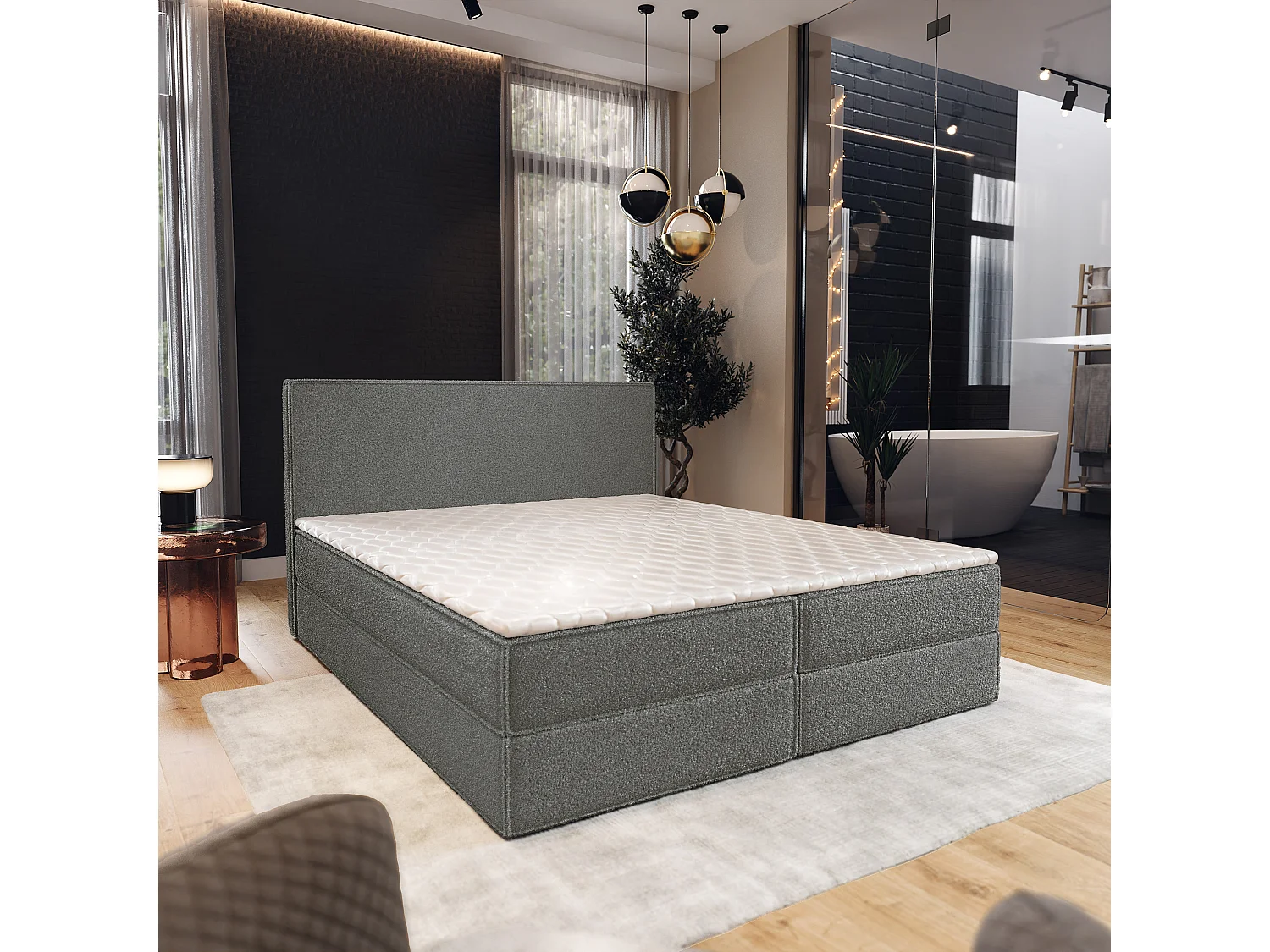 Lit continental PELLIO, 180x200 cm, Tissu bouclé, Gris