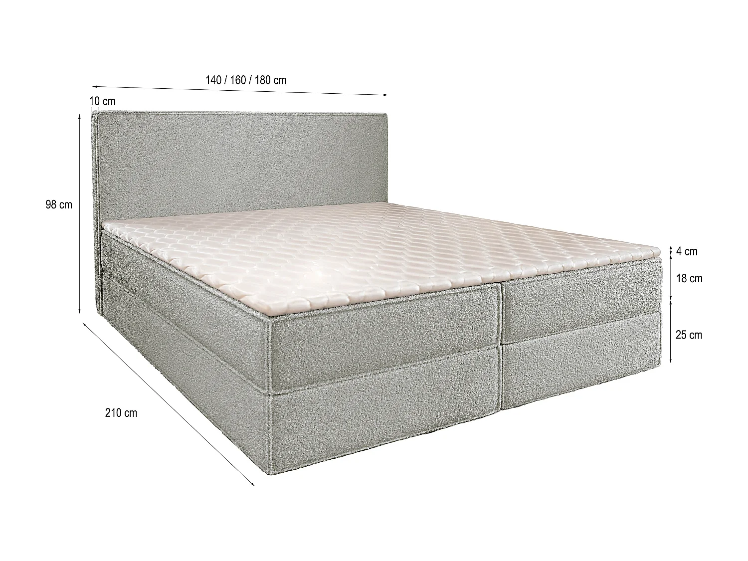 Lit continental PELLIO, 180x200 cm, Tissu bouclé, Gris