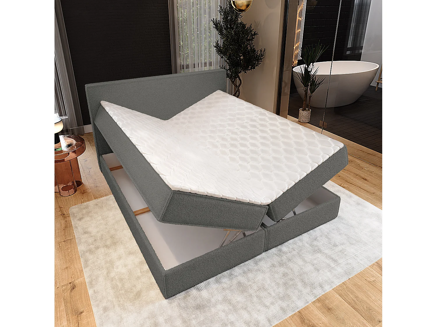 Lit continental PELLIO, 180x200 cm, Tissu bouclé, Gris