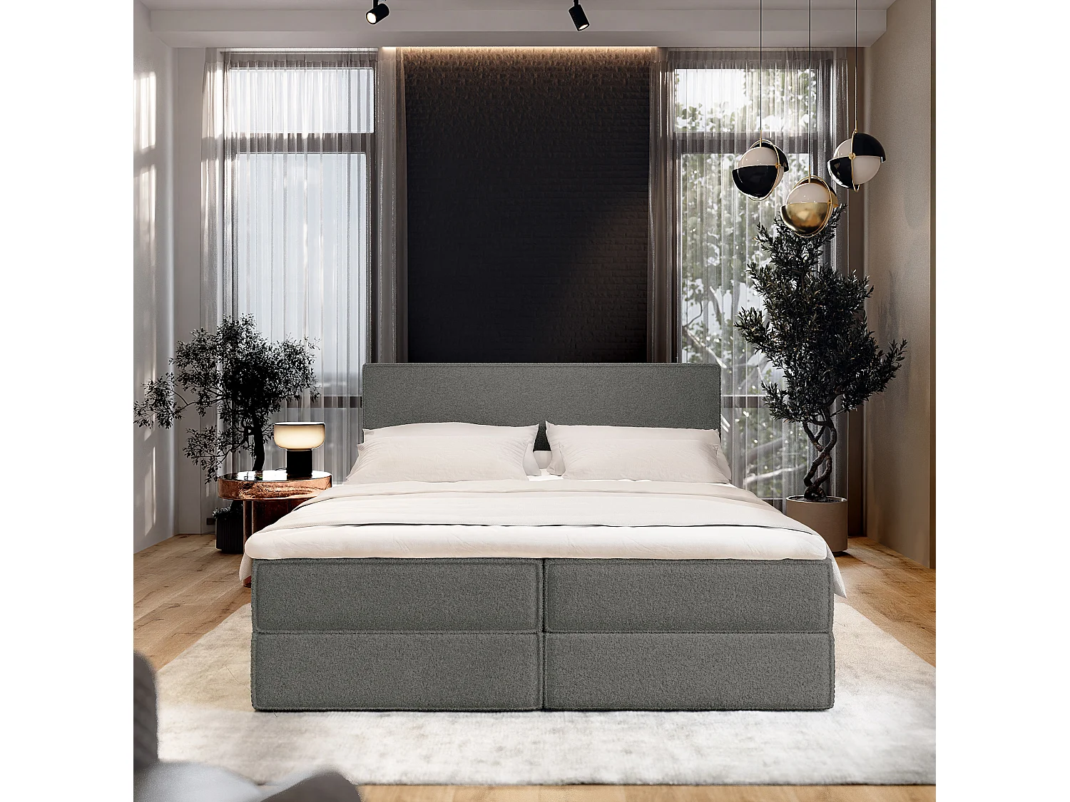 Lit continental PELLIO, 180x200 cm, Tissu bouclé, Gris