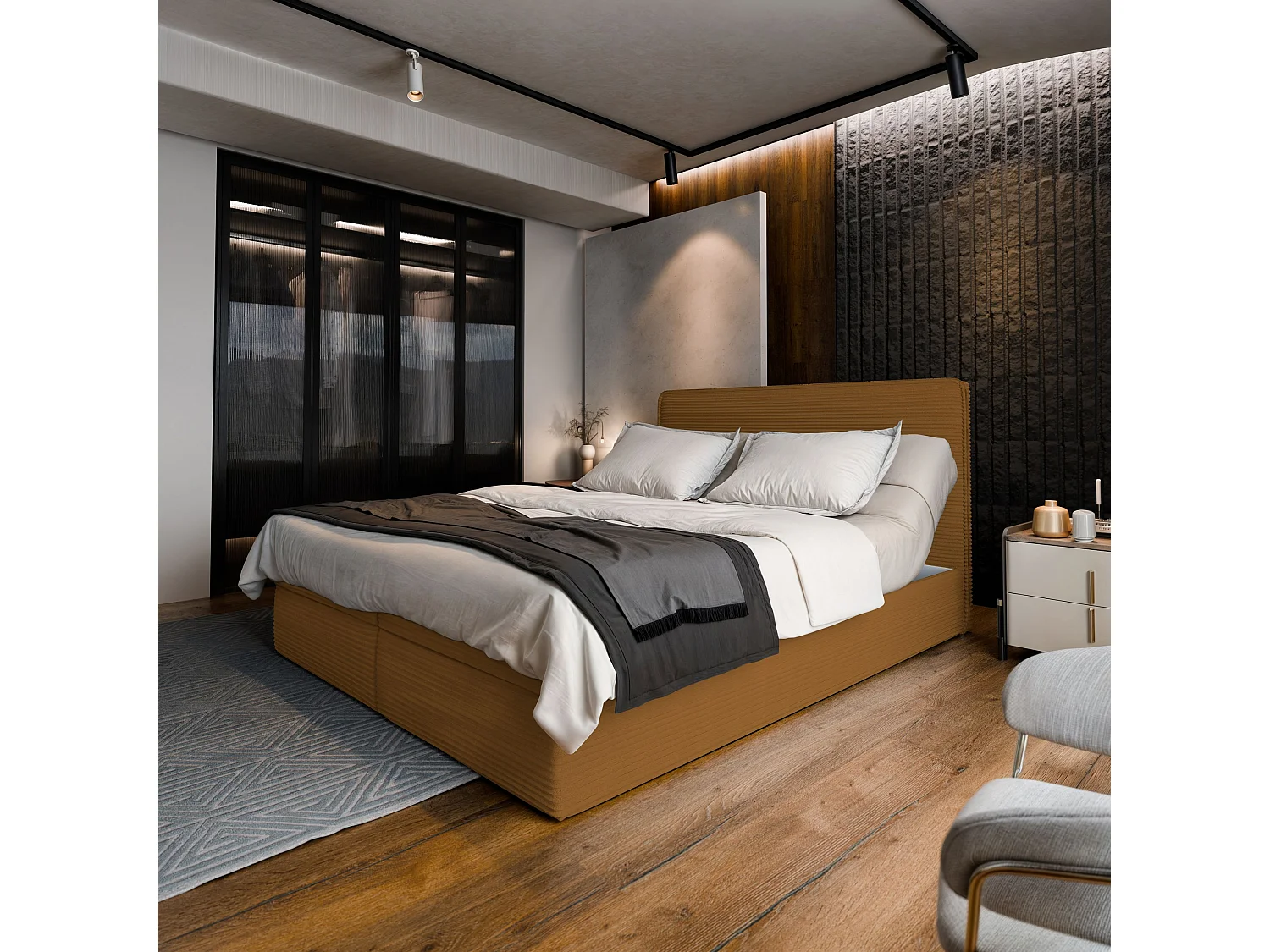 Lit continental ASTOR, 160x200 cm, Tissu en velours côtelé, Jaune