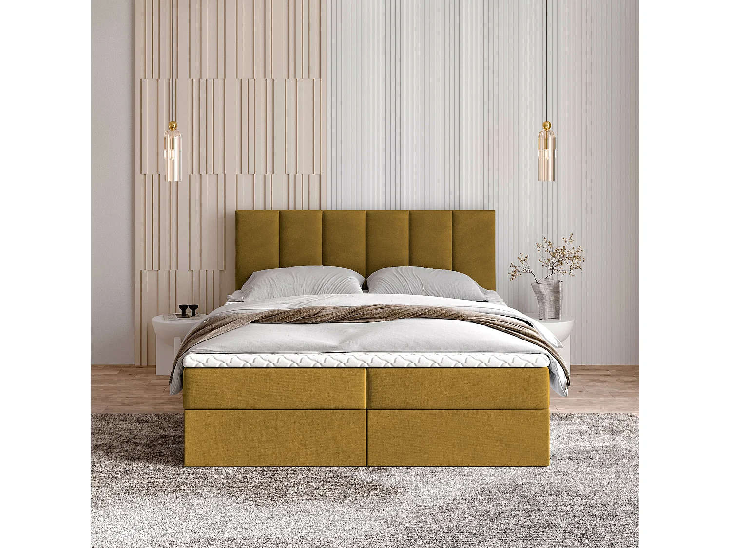 Lit continental MERIL, 140x200 cm, Tissu pelucheux, Jaune
