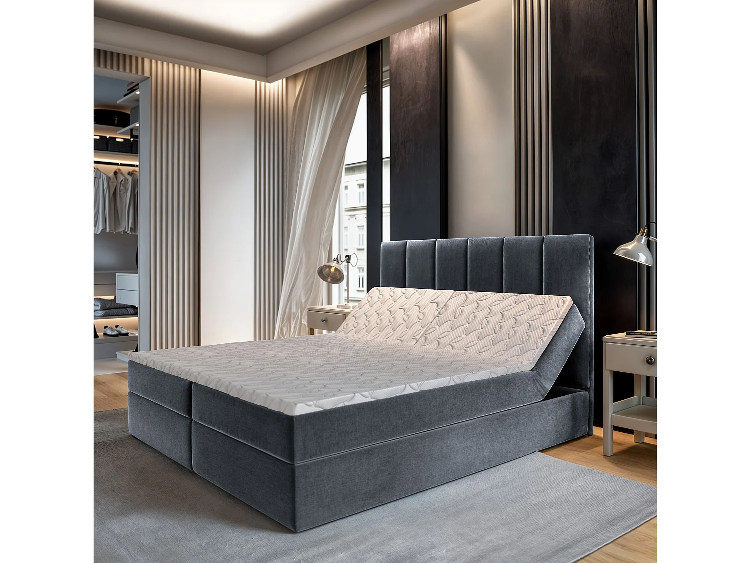 Lit continental BARINO, 180x200 cm, Tissu pelucheux, Gris
