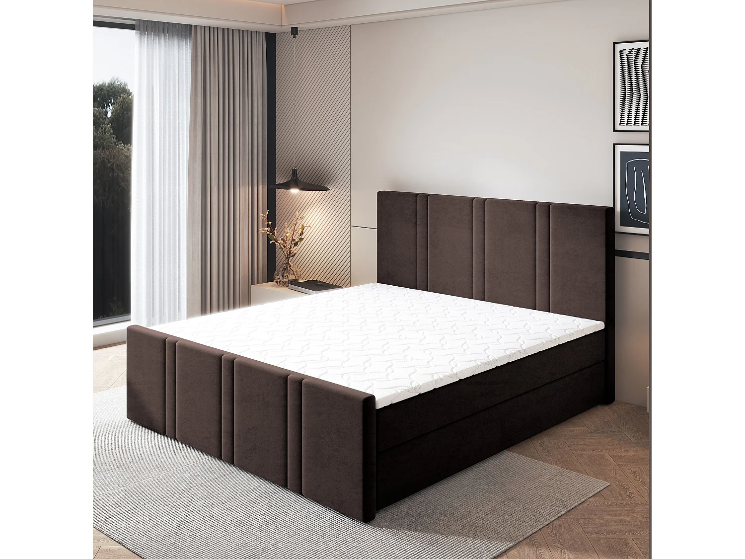 Lit continental COMOZA, 160x200 cm, Tissu pelucheux, Marron