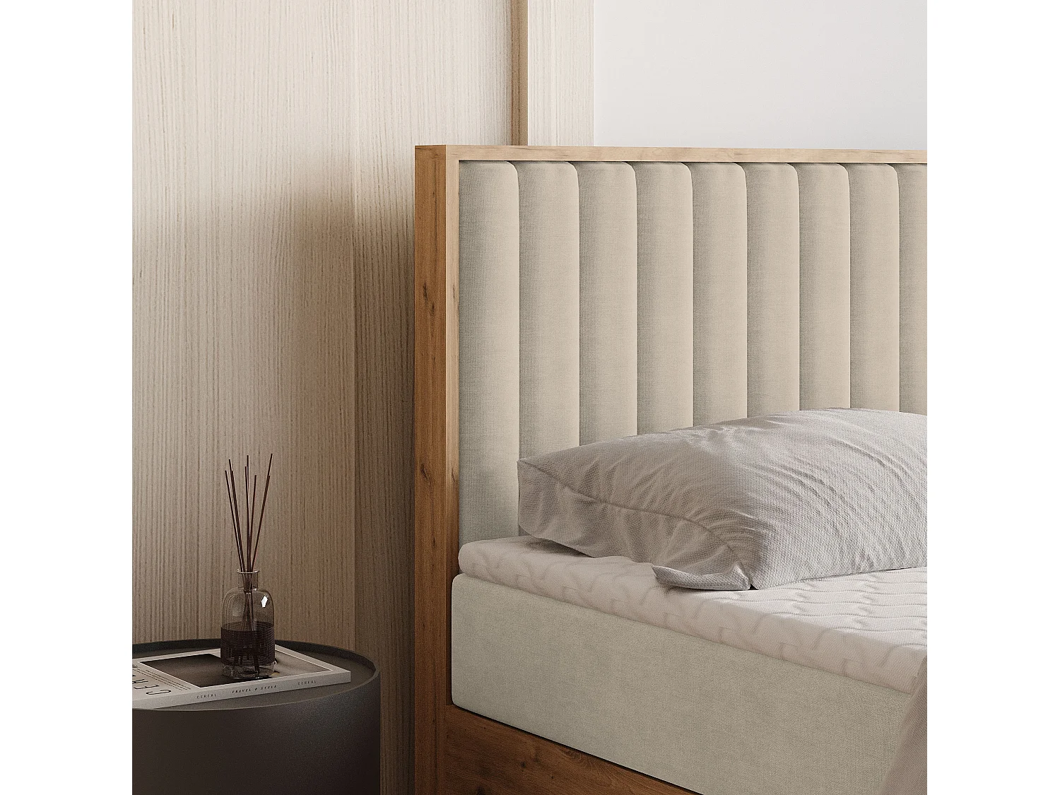 Lit continental VARELI, 140x200 cm, Tissu tressé, Beige
