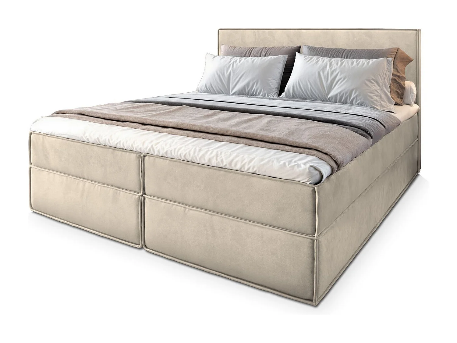 Lit continental PELLIO, 160x200 cm, Tissu velours, Couleur crème