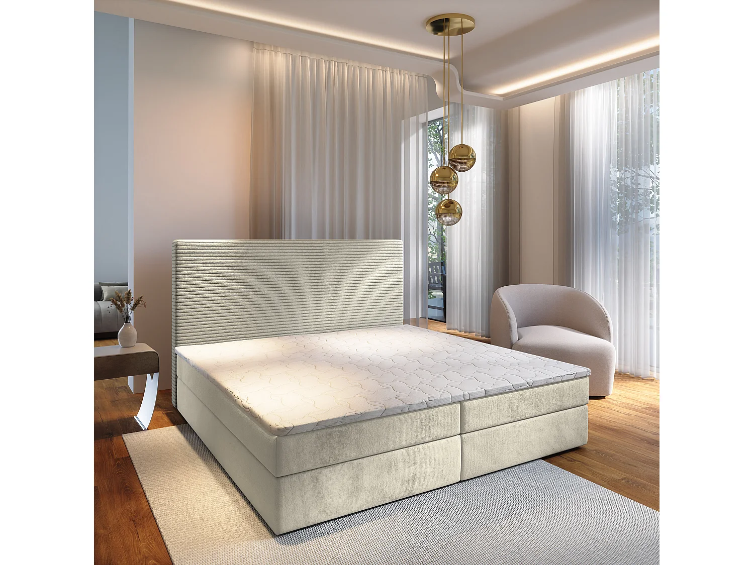 Lit continental GIARRO, 180x200 cm, Tissu pelucheux, Couleur crème