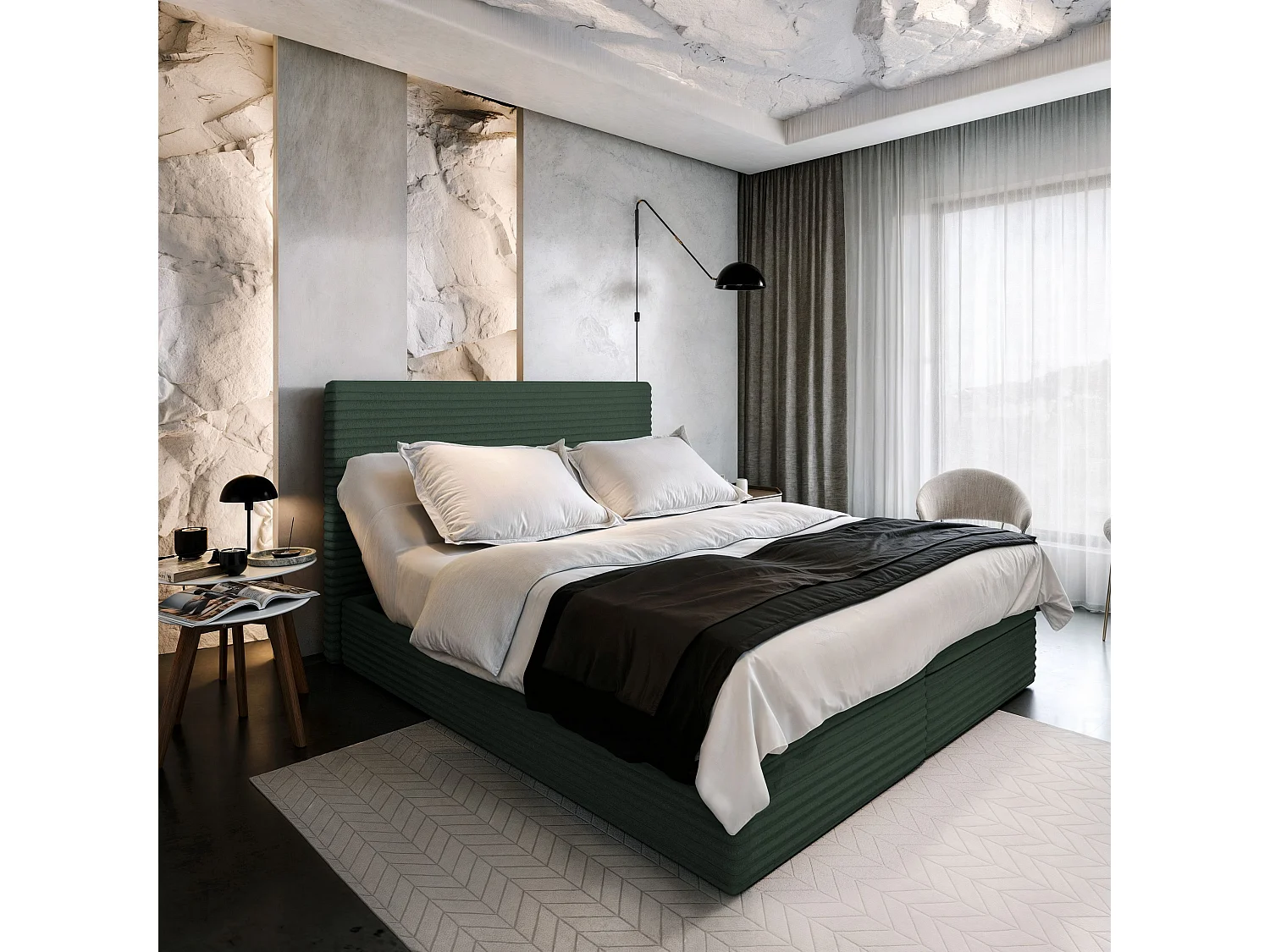 Boxspringbed MILARA 180x200 cm Set met hoofdbord, bedbodem en matras, Dennengroen